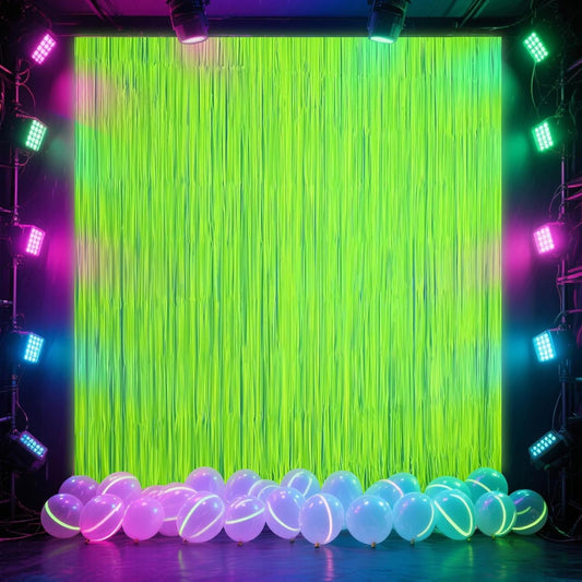 CANREVEL Glow in The Dark Party Supplies, 2 Pack 3.3x6.6 Feet Fluorescent Macaron Yellow Foil Fringe Backdrop Curtains, Tinsel Streamers for Birthday Party Blacklight Decorations