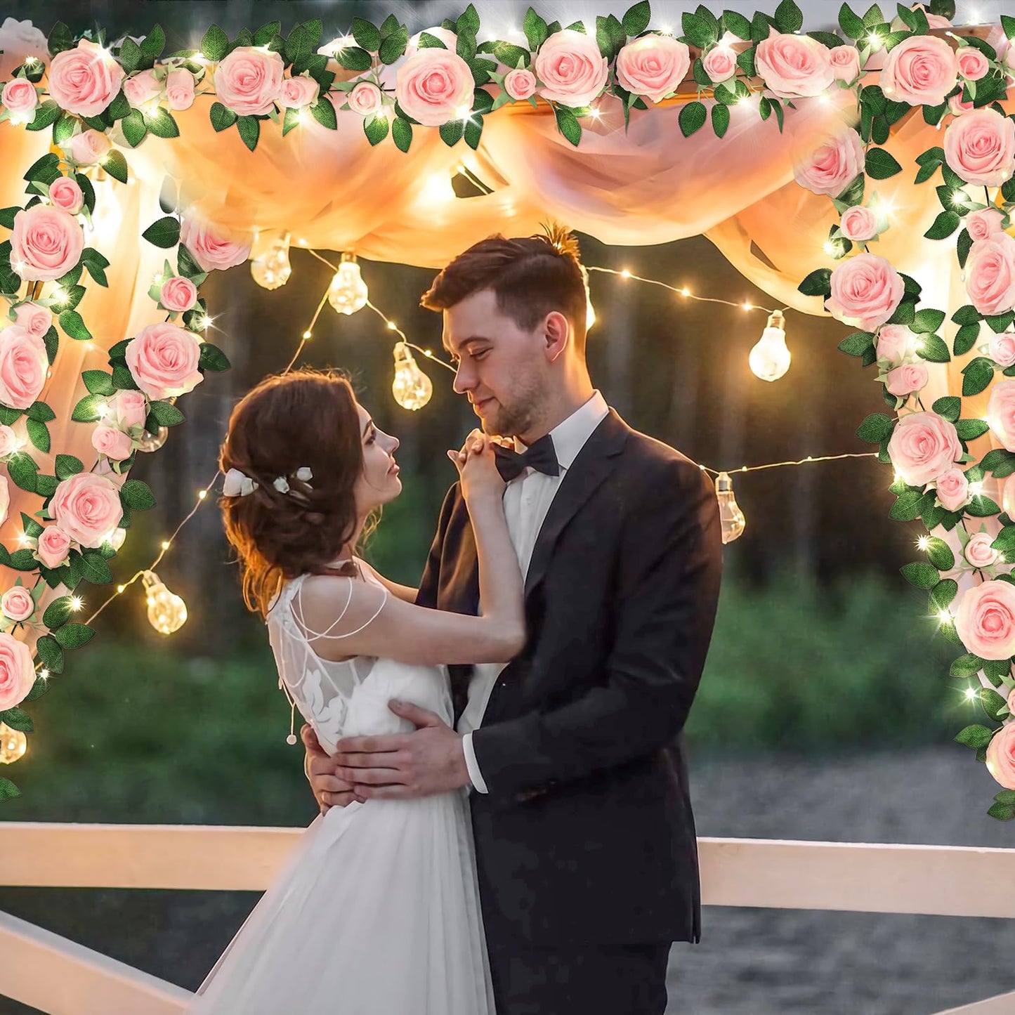Flower Garland Fake Flowers, Rose Floral Garland, Pink with Lights, 2 Pcs