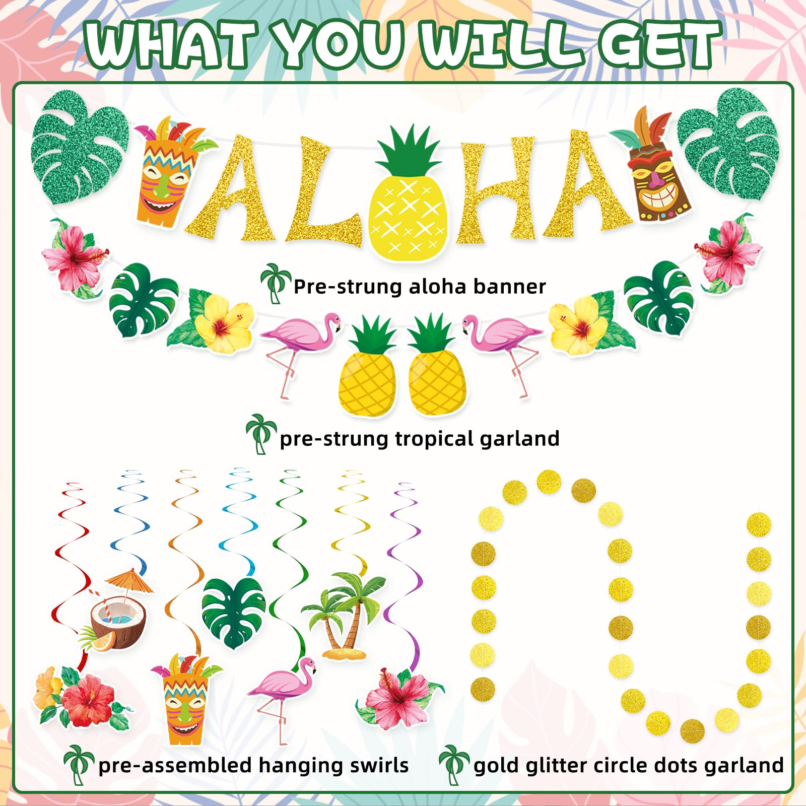 Pre-Strung Hawaiian Aloha Party Banner Decorations, Large Flamingo Tiki Tropical Party Decorations