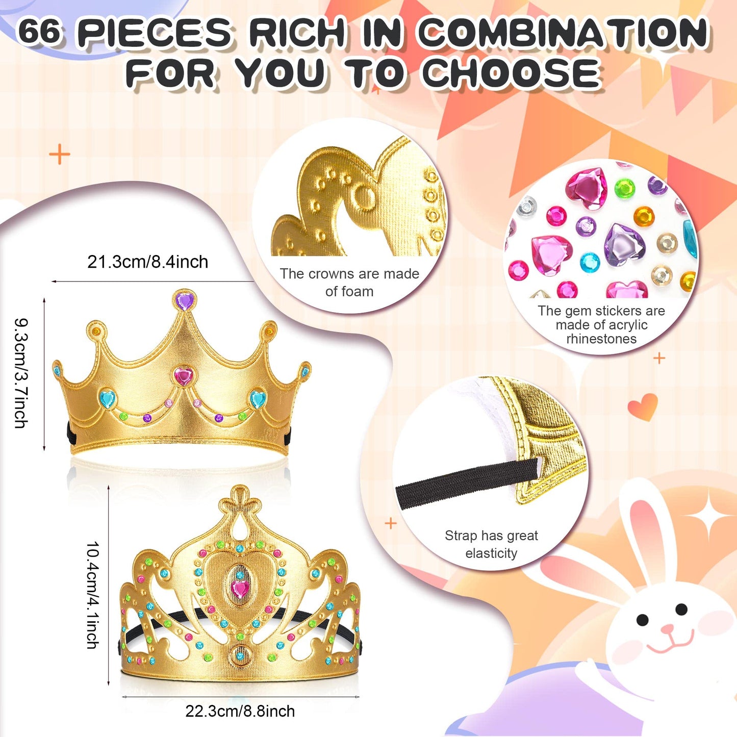 Yaomiao 66 Pieces Foam Princess Tiaras DIY Crowns Kids Party Favors Craft Crystal Diamond Sticker
