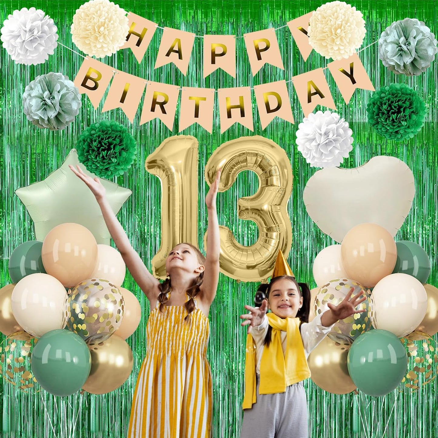 Sage Green 13th Birthday Decorations for Boys Girls Gold Number 13 Balloon Nude Gold Happy Birthday Banner Fringe Curtain Paper Pom Poms Olive Green Cream White Sand Star Foil Balloons Party Decor
