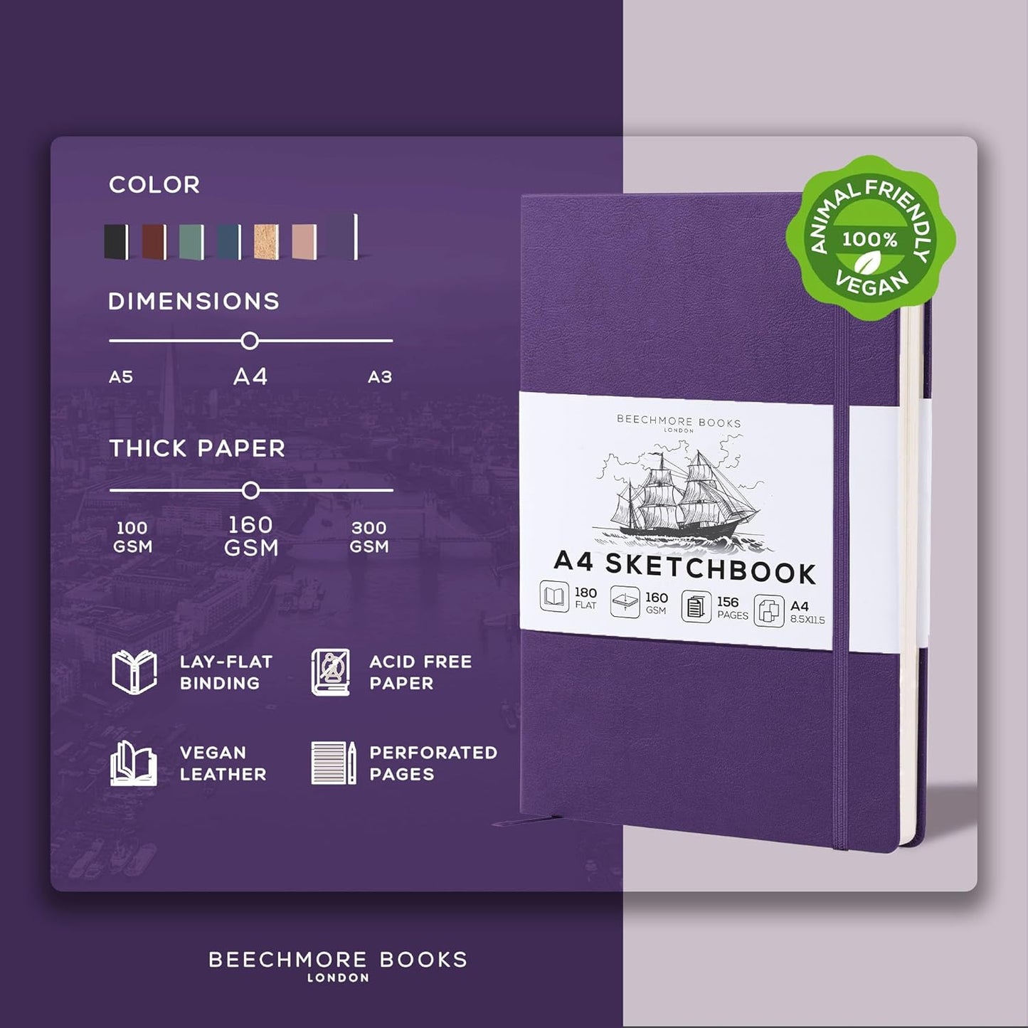 Beechmore Books A4 Sketchbook ??8.5x11 Premium Vegan Leather Bound Large Sketch Book Hardcover with 156 Thick 160gsm Perforated Ivory Pages, Blank Sketch Pad, Gift Boxed, Back Pocket, Ribbon Bookmark