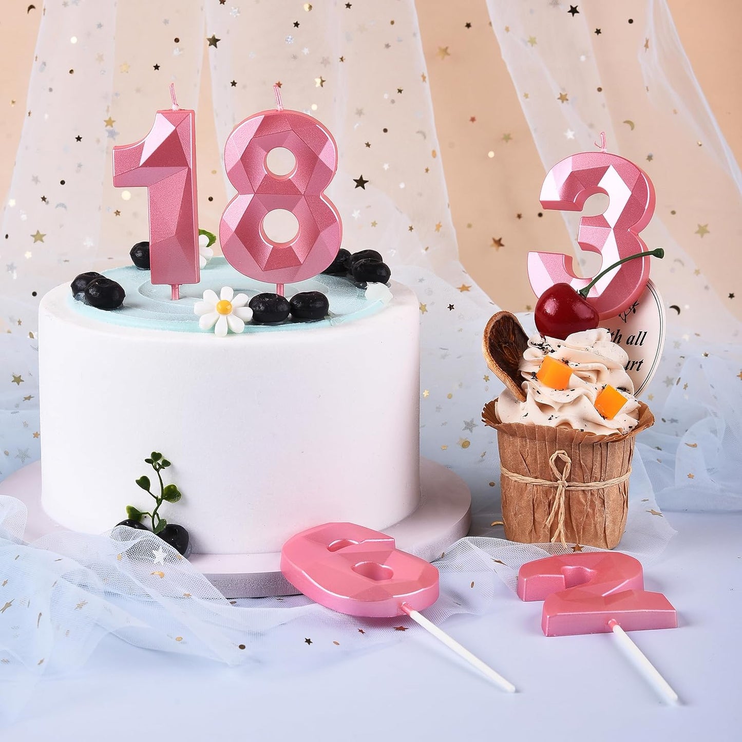 PHD CAKE 2.76 Inch Crystal Pink 8 Number Birthday Candles, Pink Cake Candles for Party Celebration