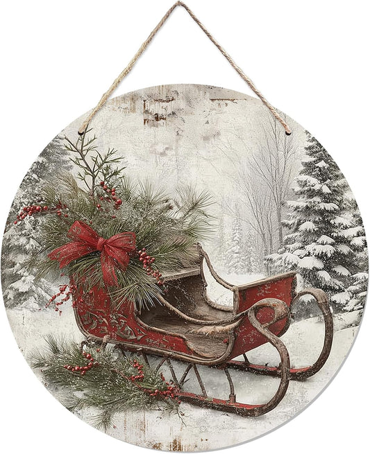 CGBHW Christmas Winter Sleigh Wooden Sign, Vintage Farmhouse Country Cozy Winter Xmas Hanging Sign Wall Decor for Home Bedroom Living Room, Holiday Snowy Door Decor 12 x 6 Inch
