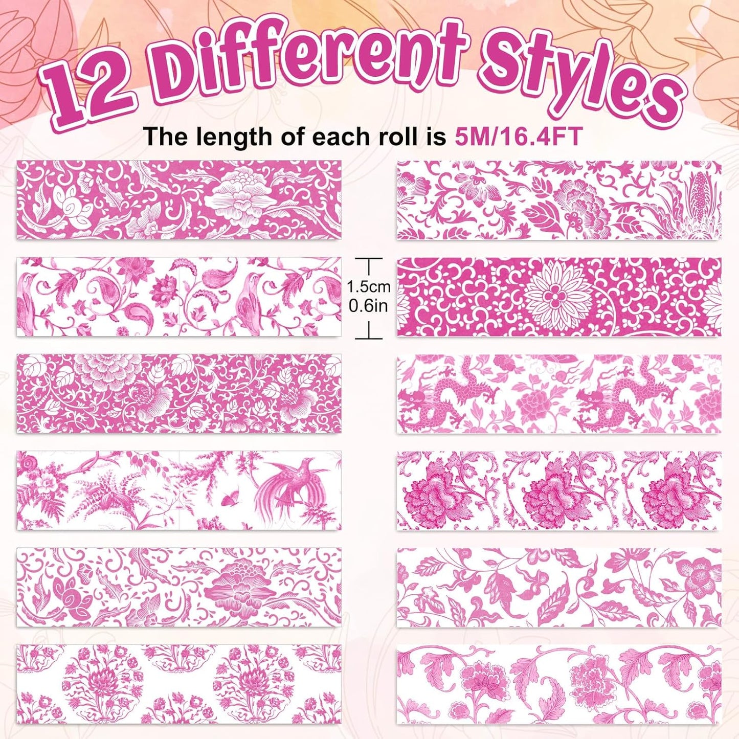 Whaline 12 Rolls Pink Floral Washi Tape Chinoiserie Flower Decorative Masking Tape Set Vintage Wrapping Paper Tape for Scrapbook Journal DIY Art Crafts