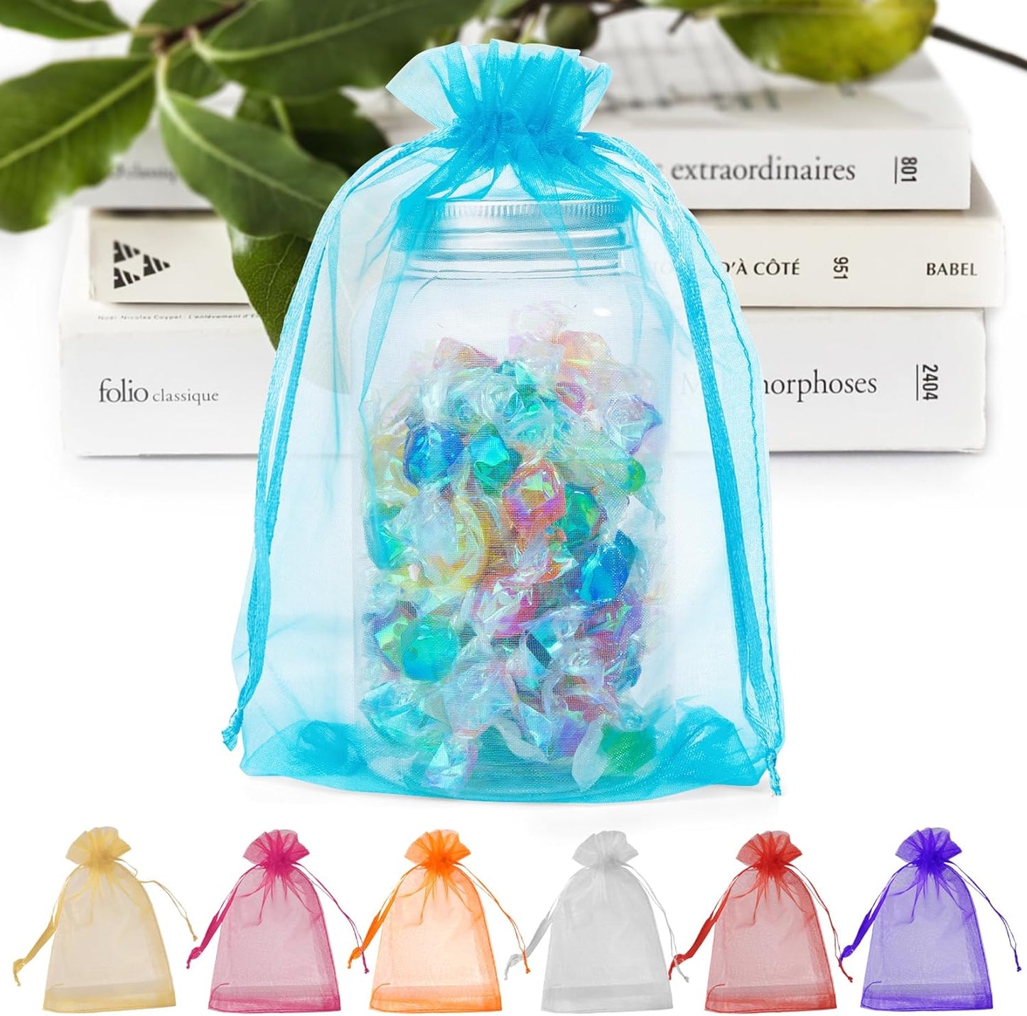 ANZNKU 50 Pack Organza Bags 6x9 Inch, Mesh Bag Drawstring Large Organza Gift Bags for Baby Shower, Party Favors(Lake Blue)