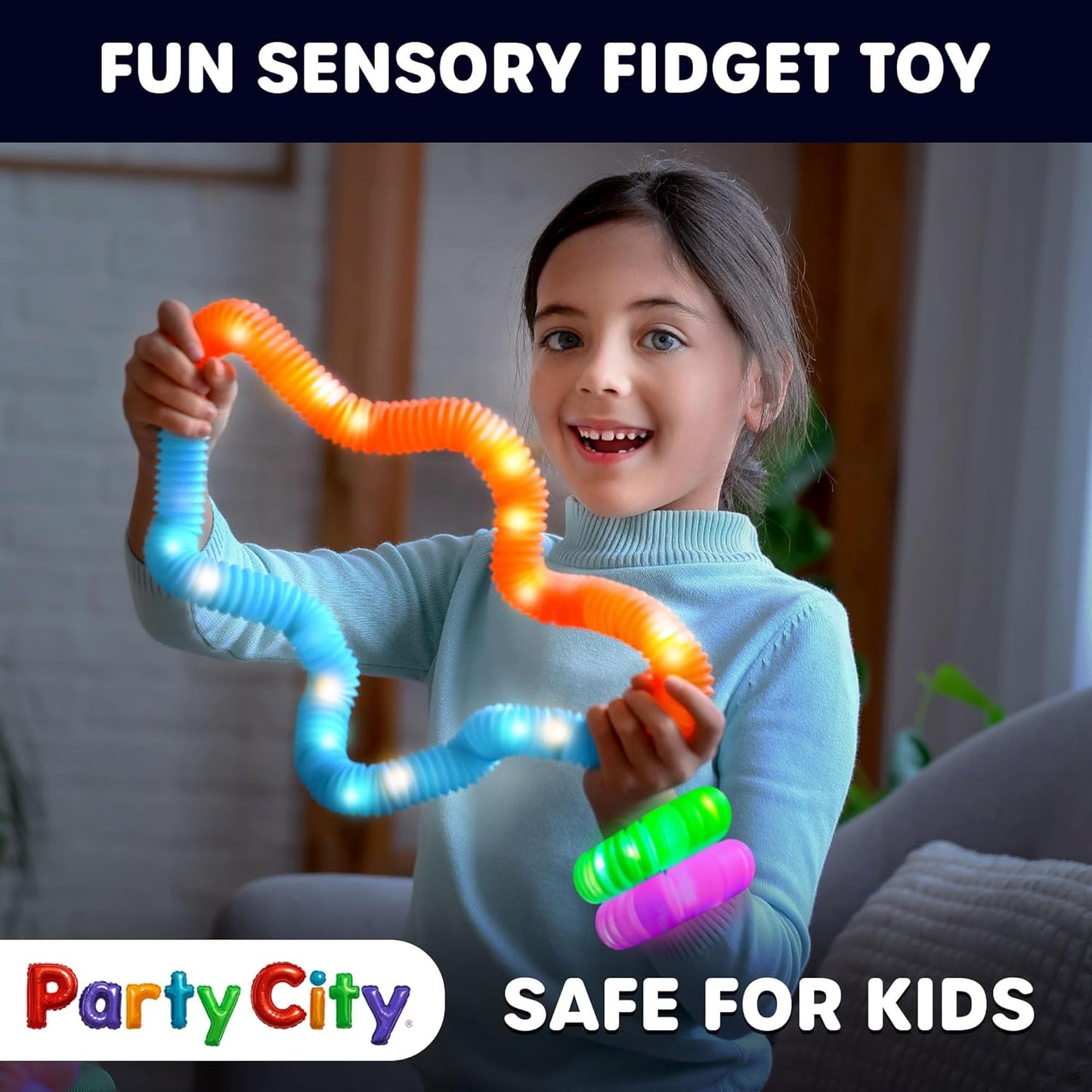 Party City 6pk LED Light Up Pop Tubes 25”- 3 Mode Stretchy Tubes LED Light Up Toys Bulk Glow Sticks Party Favors for Kids Necklaces Bracelets Neon Glow in the Dark Supplies Fidget Sensory Tube Pack