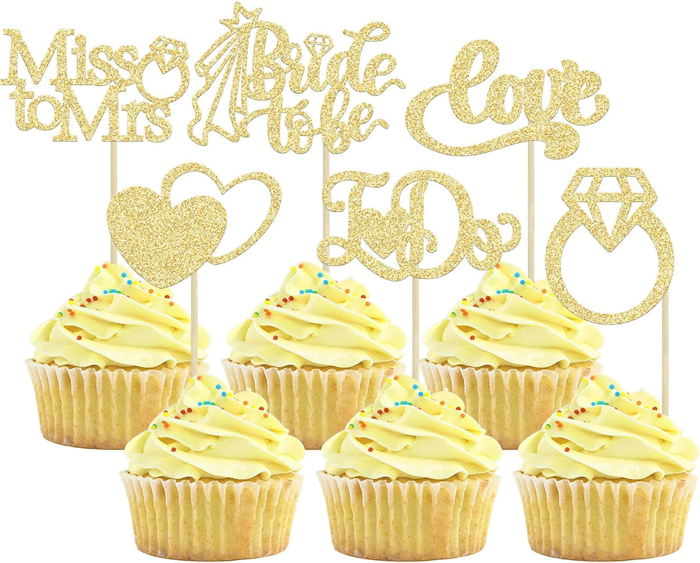 Gyufise 24Pcs Bride to Be Cupcake Toppers Gold Glitter I Do Love Heart Ring Miss To Mrs Cupcake Picks Bridal Shower Cake Decorations for Wedding Engagement Bachelorette Party Supplies