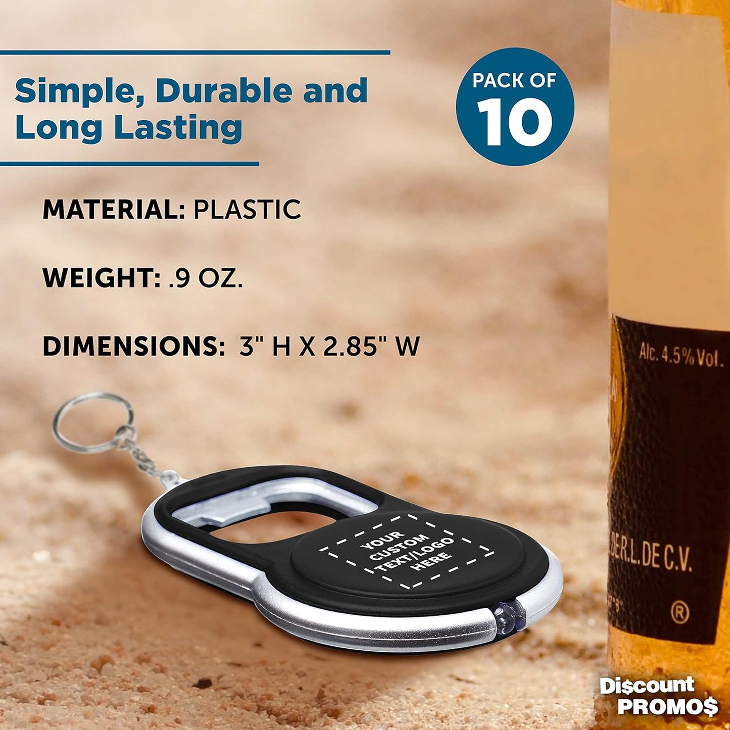 DISCOUNT PROMOS Custom Bottle Opener & LED Keychains Set of 10, Personalized Bulk Pack - Perfect for Tradeshows, Party Favors, Other Events - Black