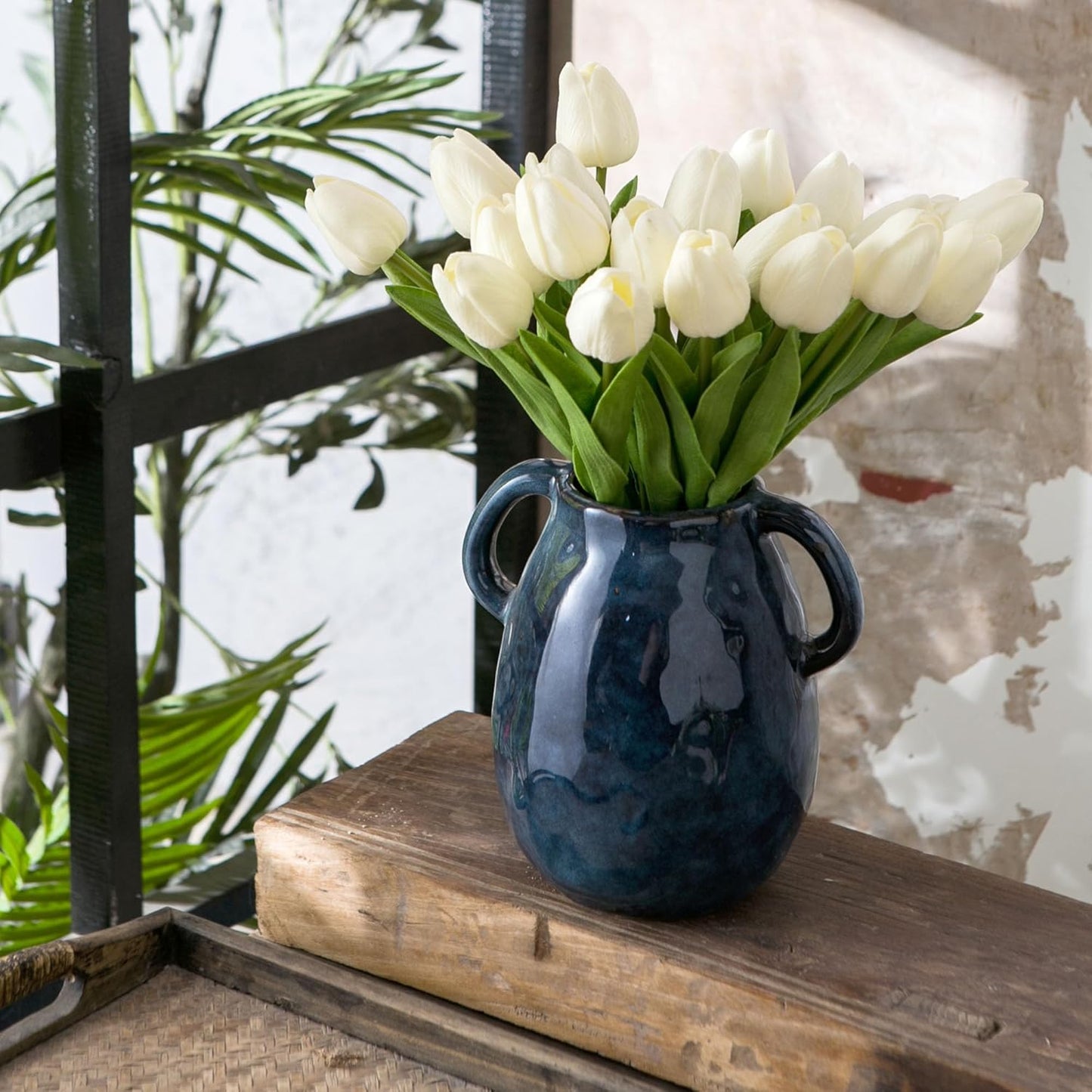 Blue Ceramic Vase with 2 Handles for Modern Farmhouse Home Decor, Vintage Rustic Decorative Vases, Small Vase for Fresh and Dried Flowers, Centerpiece Table Decorations, 7 Inch