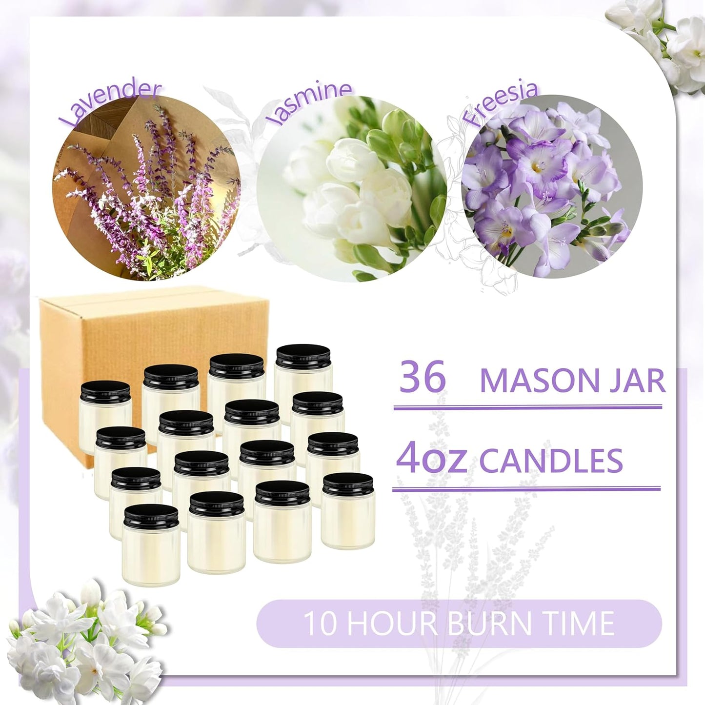 ACITHGL 36 Pcs 4oz Mini Mason Jar Candles Small Scented Candles Bulk Aromatherapy Ideal Souvenir Favors for Wedding Birthday Party (Freesia, Lavender, Jasmine, Black)