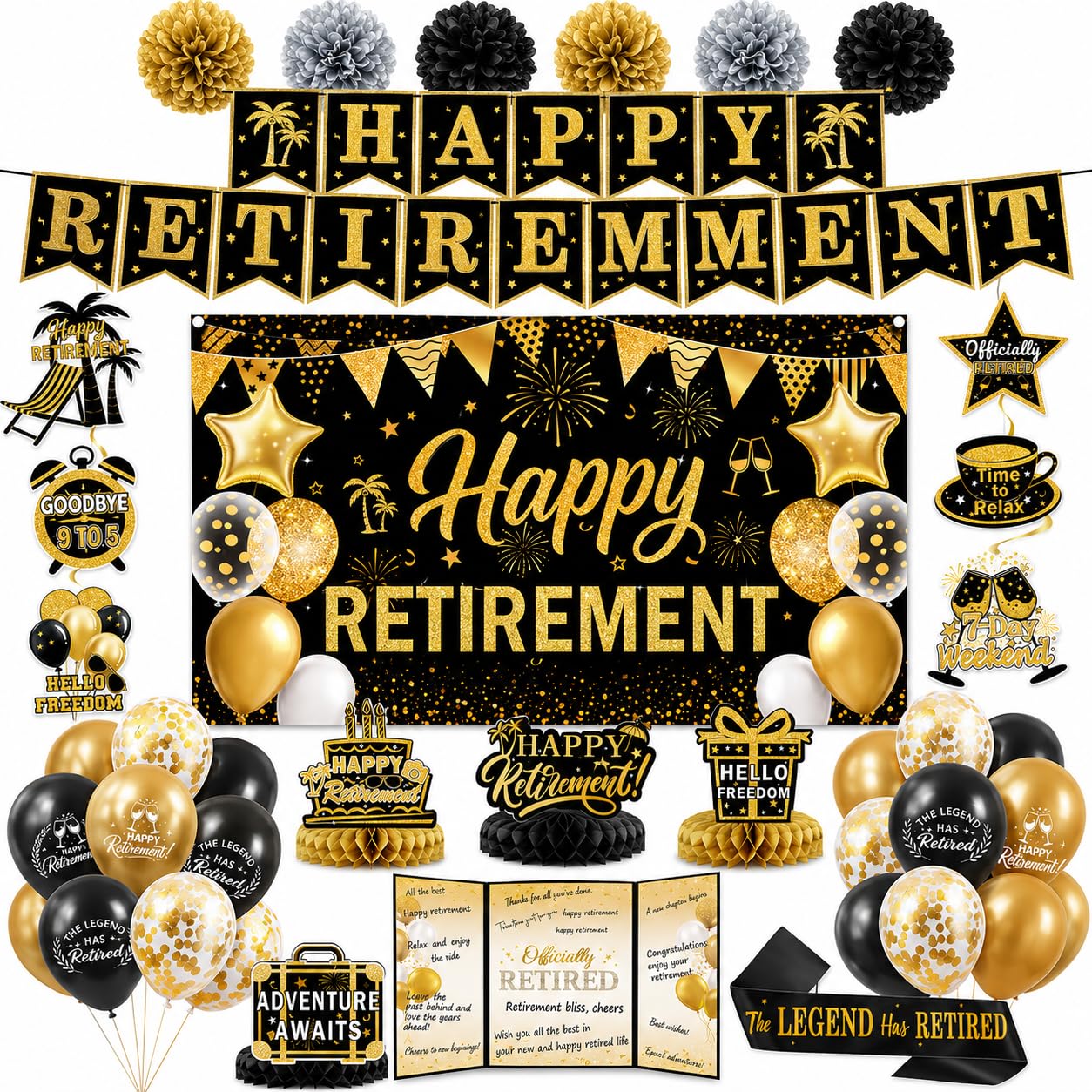 Retirement Party Decorations for Women Men Black and Gold Happy Retirement Banner & Backdrop