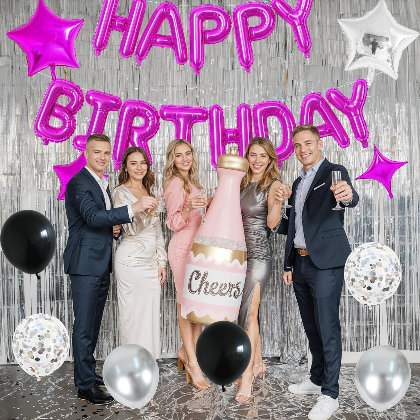 Happy Birthday Balloon Banner Hot Pink, 16 Inch Mylar Foil Letter Balloons, Reusable Birthday Decorations with Rose Red Hot Pink Star Foil Balloons, Inflatable Party Supplies for Women Girls Decor