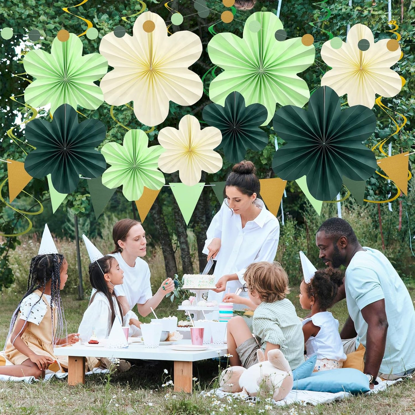 Sage Green Birthday Decoration, Plant Birthday Decorations with Hanging Paper Flowers, Tassel Garland and Swirls, Sage Green Party Decoration for Women Girls, Classroom Party Decor