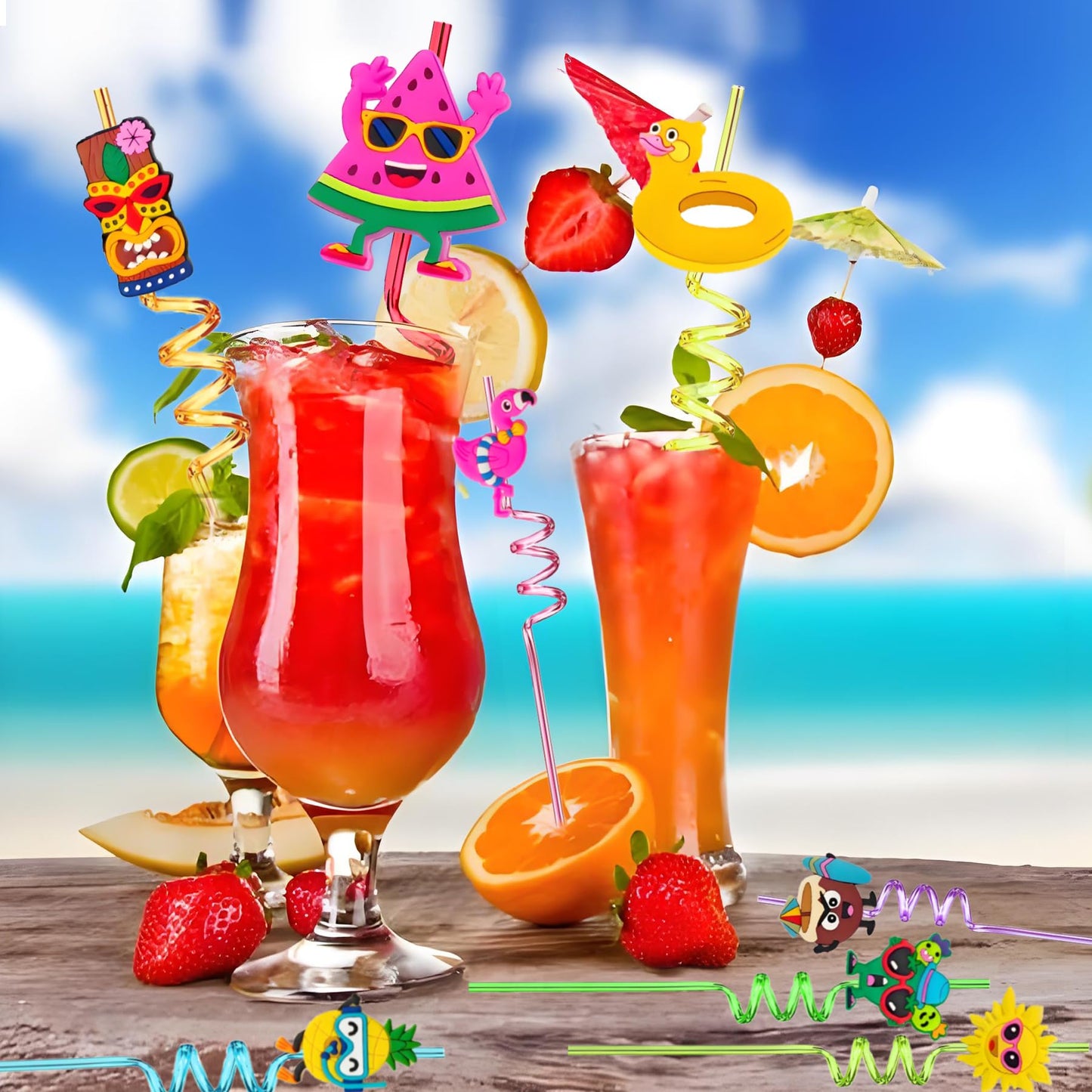 24 Reusable Hawaiian Drinking Straws for Summer Beach Pool Party Decoration