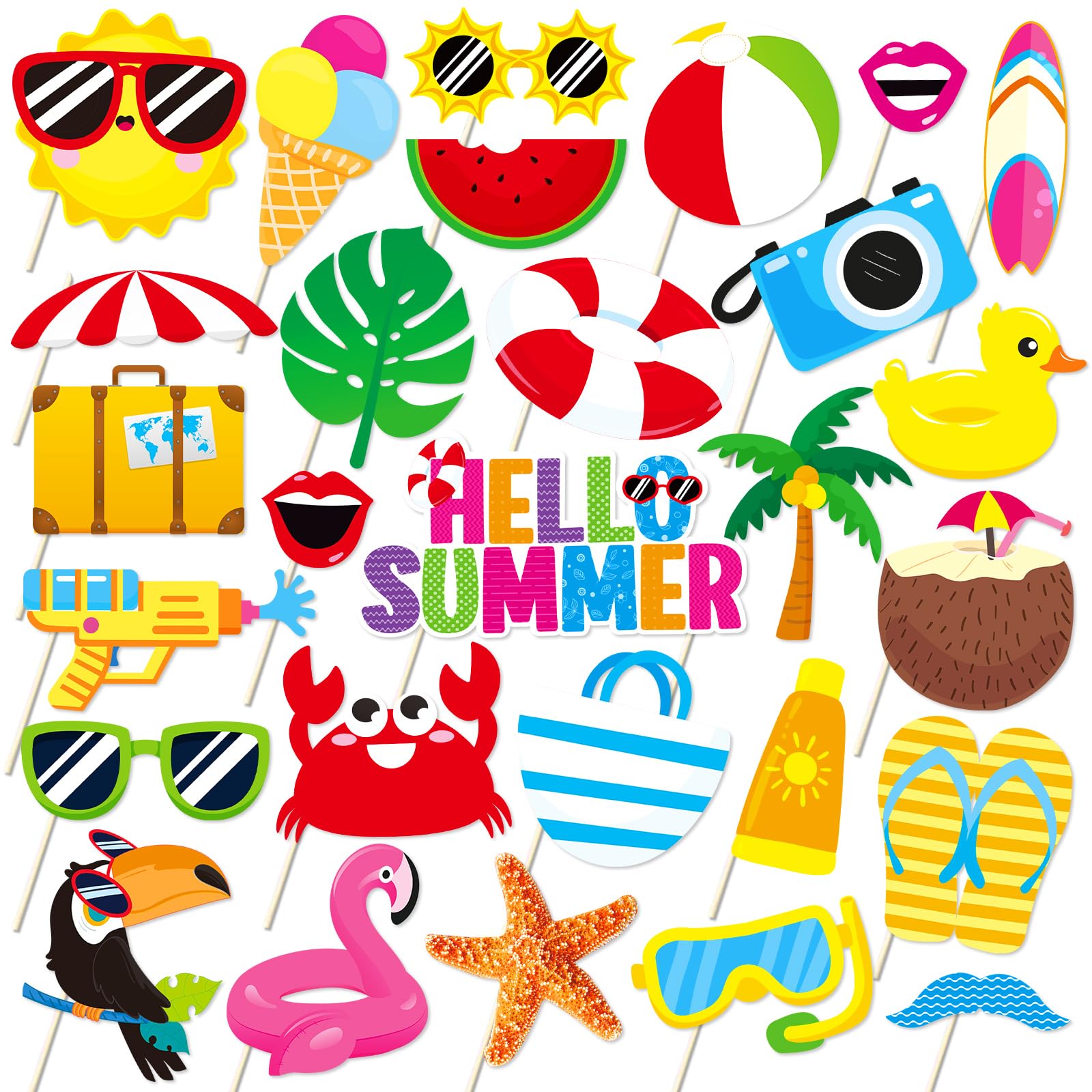 Summer Pool Beach Photo Booth Props 30 Pack Pool, Hawaiian, Beach, Luau Photo Booth Props, Tropical