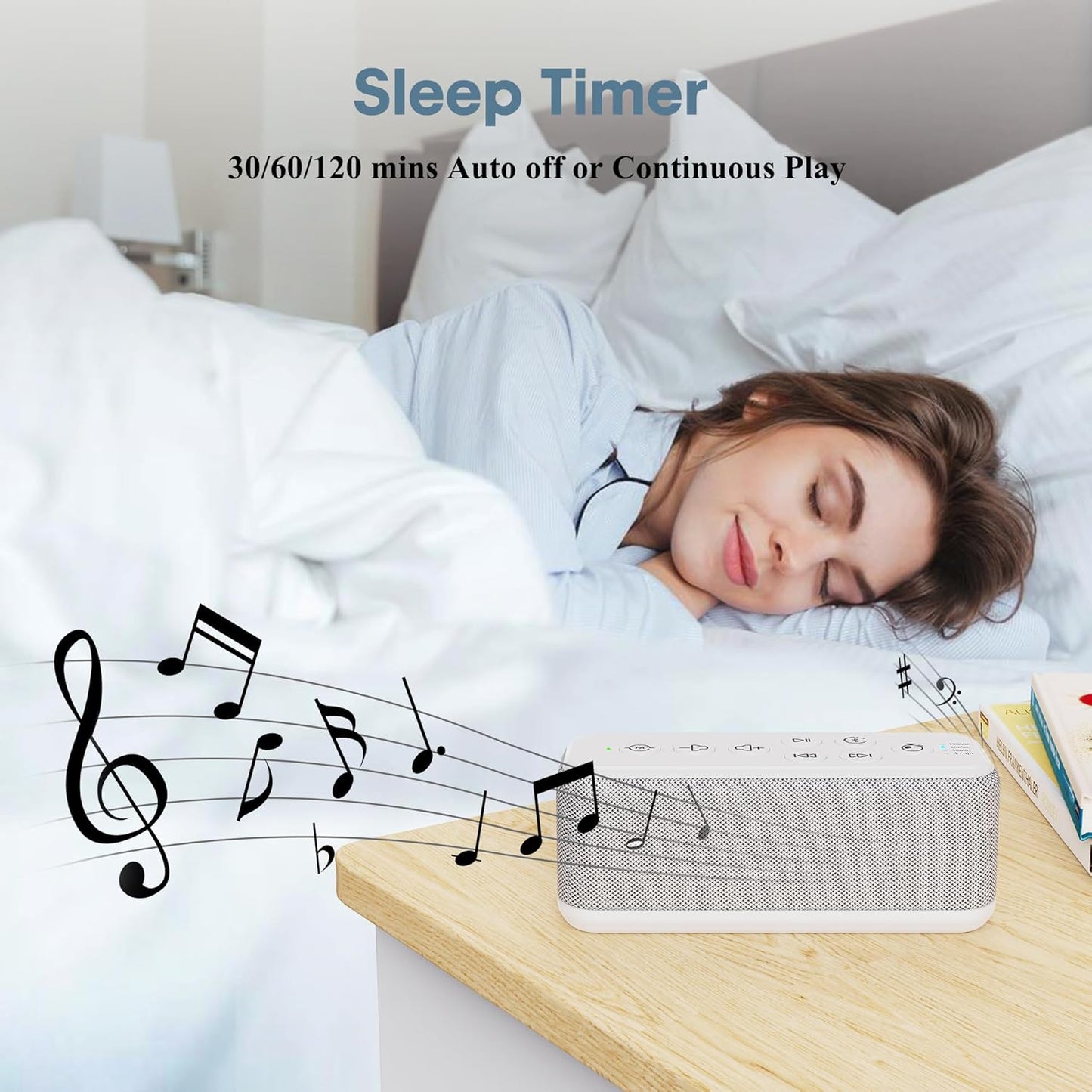 White Noise Sound Machine with Bluetooth,3000mAh Battery Powered,40H Long Lasting,Hi-Fi Audio,30/60/120m Timer,Wireless Portable Sleep Sound Machine for Adults/Baby,Type-C Rechargeable,Headphone Jack