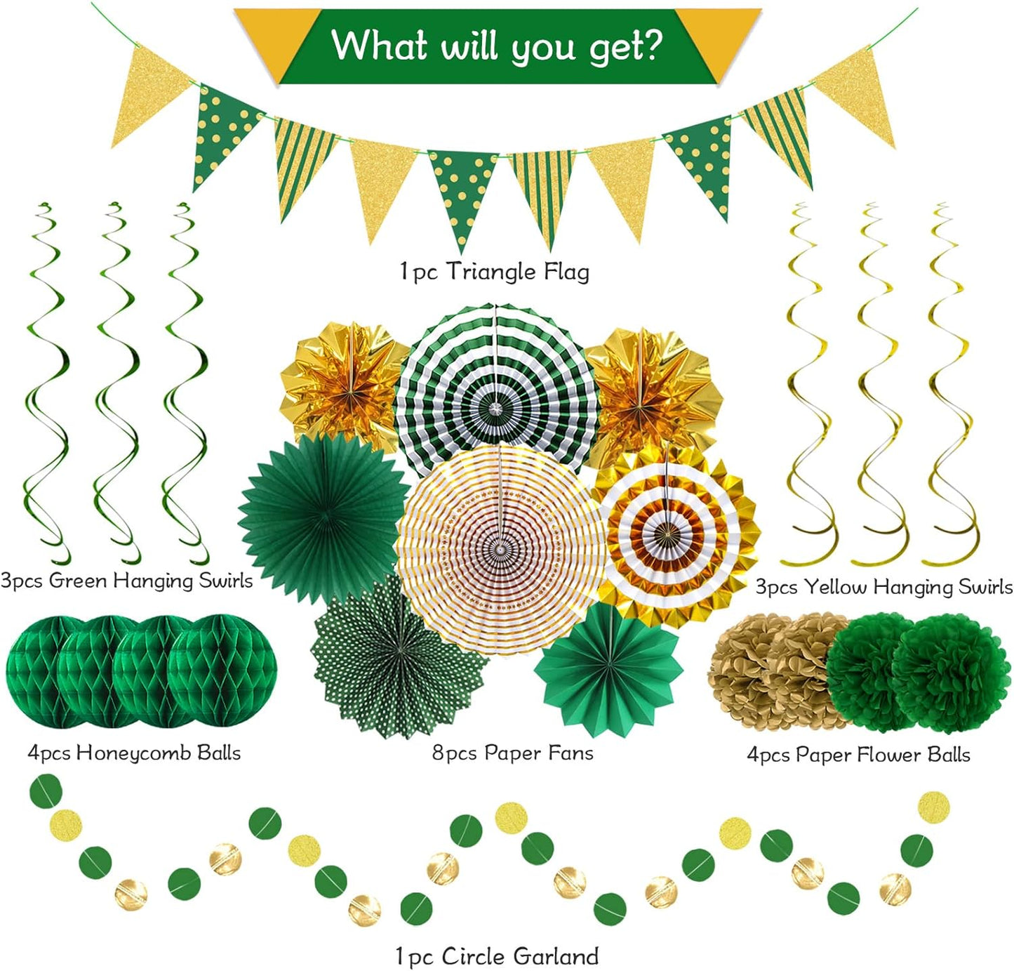 Green Gold Party Decorations Paper Fans, Graduation Season Hanging Glitter Triangle Flags Banner Hanging Paper Fan Happy Birthday Banners and Triangular Flag, Bridal Shower,Green Themed Birthday