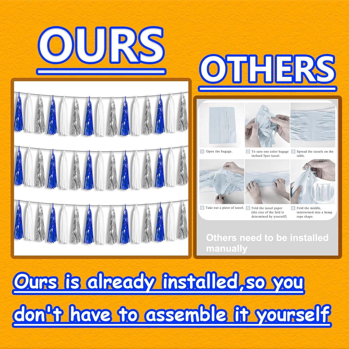 3P Metallic Fringe Tassel Banner Garland Foil Tinsel Streamer Wall Hanging Curtain Backdrop Banner for Parade Floats, Graduation Decorations, Retirement Party Decorations(Navy Blue White Silver)