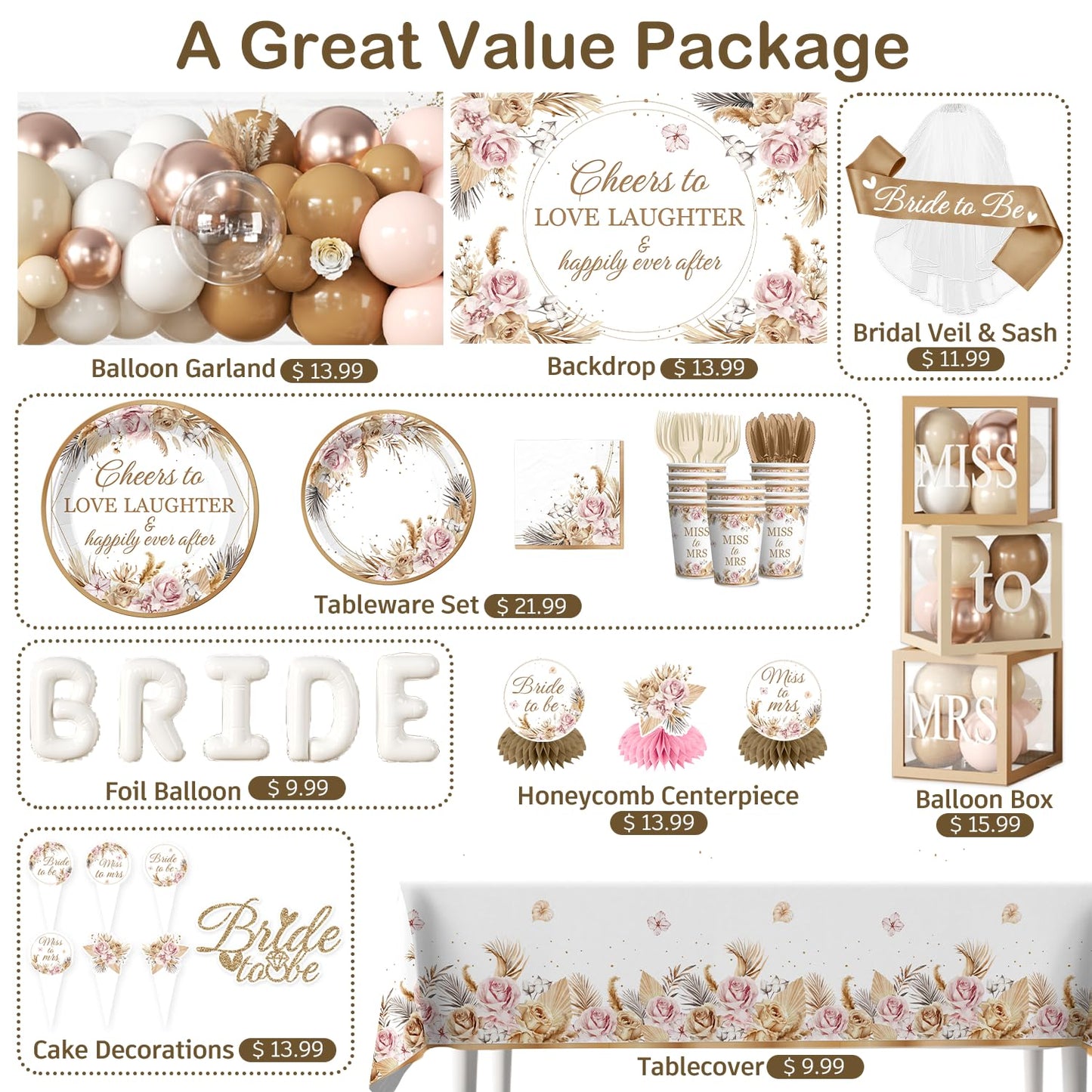 cocomigo 301pcs Boho Bridal Shower Decorations Complete Party Set 25 Guests