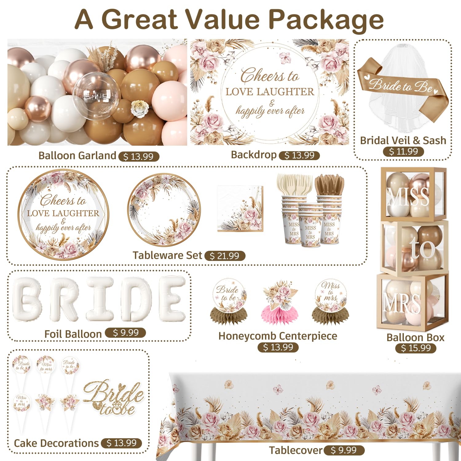cocomigo 301pcs Boho Bridal Shower Decorations Complete Party Set 25 Guests