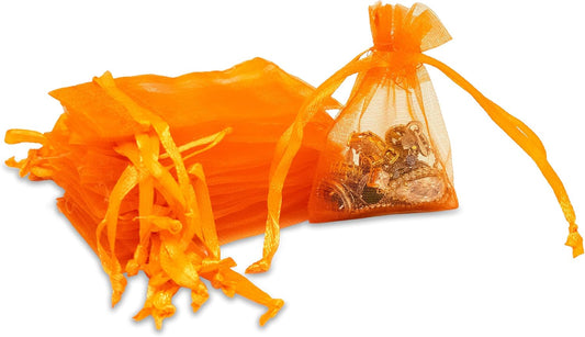 TheDisplayGuys 100-Pack XS 2 x 2 3/4" Orange Sheer Organza Gift Bags with Drawstring, Jewelry Halloween Candy Treat Wedding Party Favors Mesh Pouch
