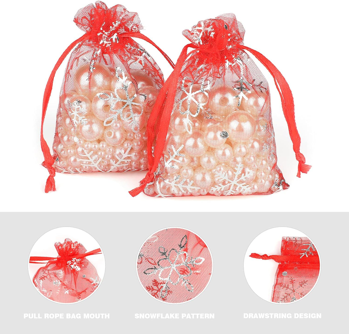 jijAcraft 3x4 Inch Christmas Organza Bags - 50Pcs Red Snowflake Gift Bags with Drawstring, Xmas Party Favor Sheer Mesh Pouches for Winter Gift, Candy, Jewelry Bag