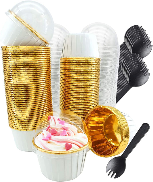 Cupcake Liners with Dome Lids 100Pack, Free-Air 3.5Oz Mini Foil Baking Cups Muffin Liners, Disposable Ramekins Cupcake Tins Cupcake Wrappers for Wedding Birthday Party, with Spoons-White in Gold
