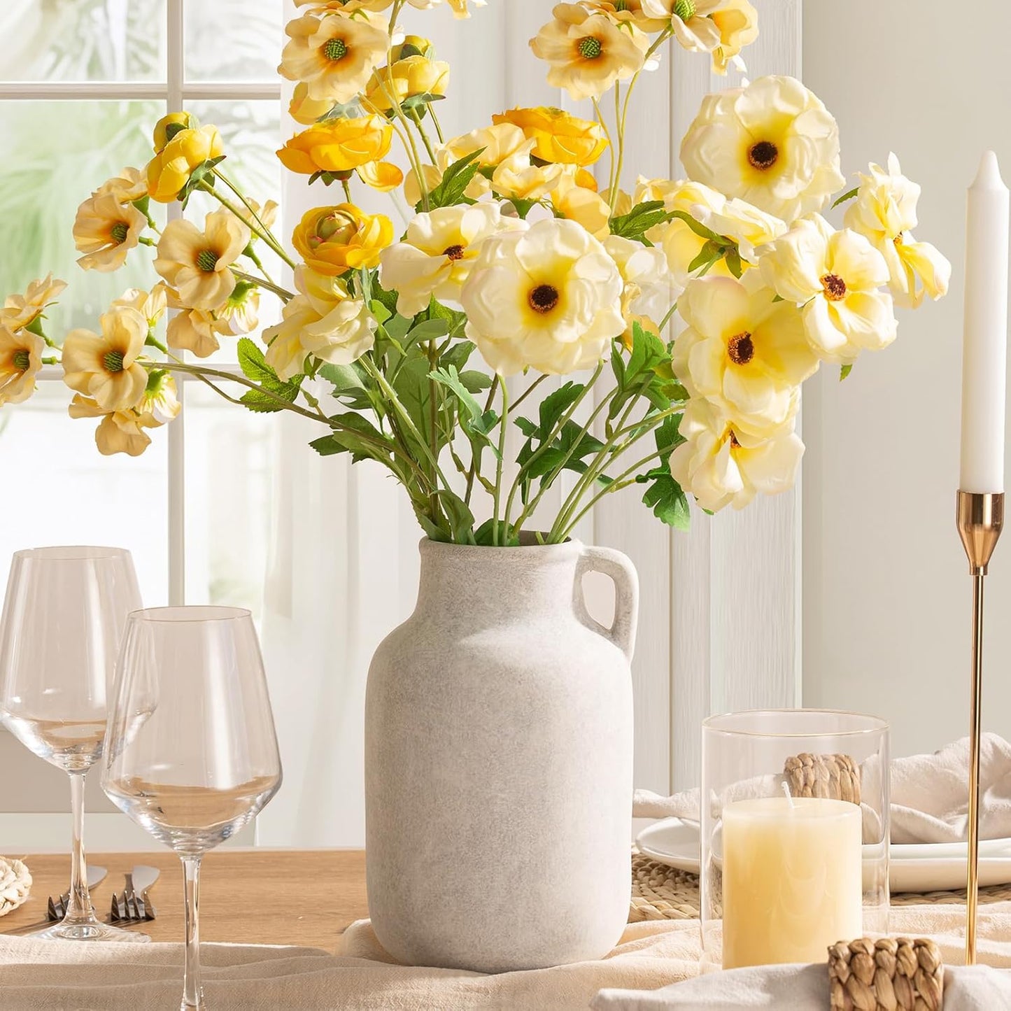 Ceramic Flower Vase Home Decor - 9.7 inch Large White Rustic Table Flowers Vases Living Room Bedroom Plant Decoration Farmhouse Vintage for Kitchen Shelf Office Coffee Dining Desk House Women