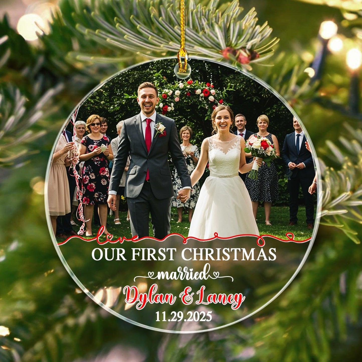 Customized Our First Christmas Married Ornament, Personalized Date/Names & Photo Just Married Ornaments Gift for Marriage Anniversary, Add Picture Couple Together Christmas Ornament for Newlyweds