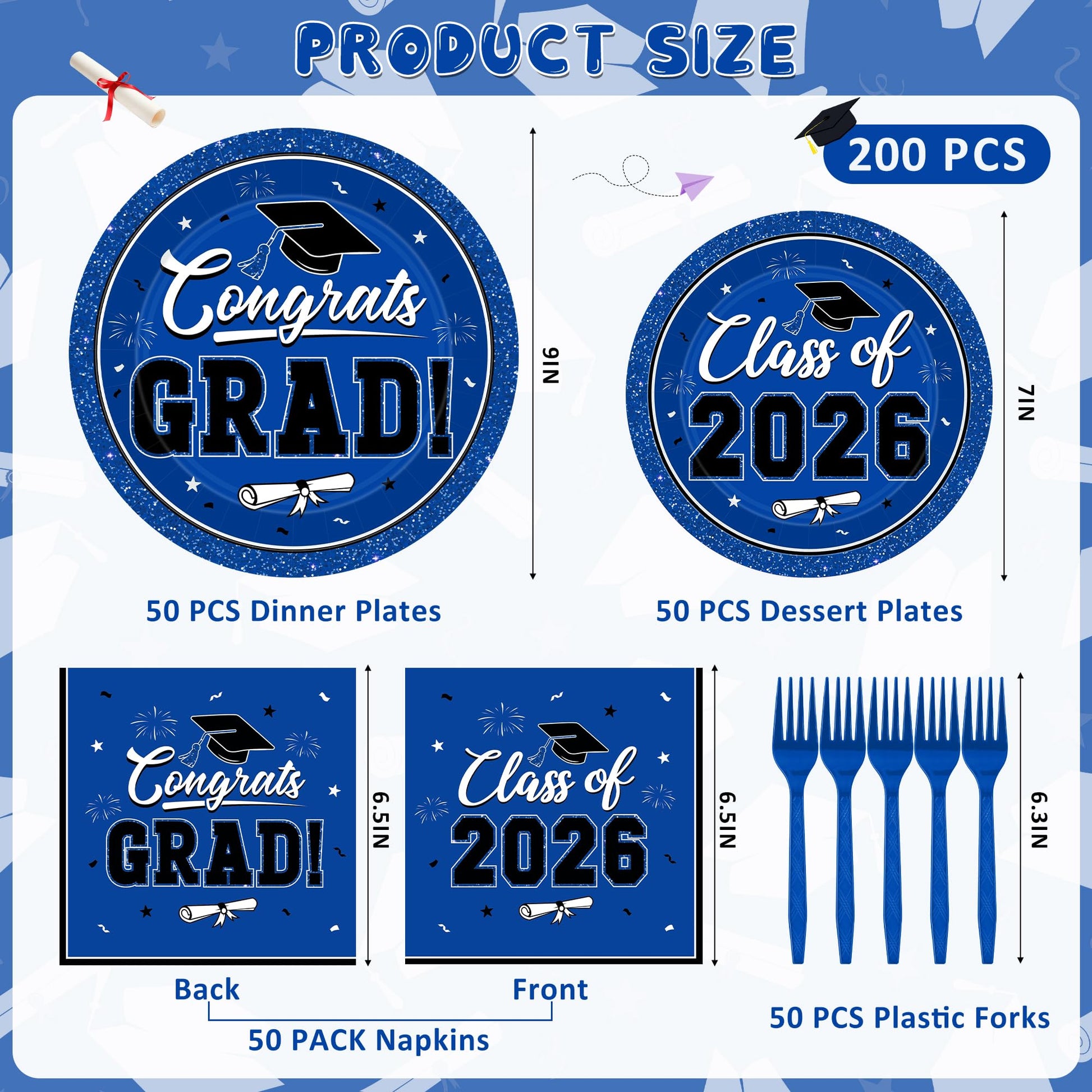 200Pcs Graduation Decorations 2026, Blue Graduation Plates and Napkins Party Supplies for 50