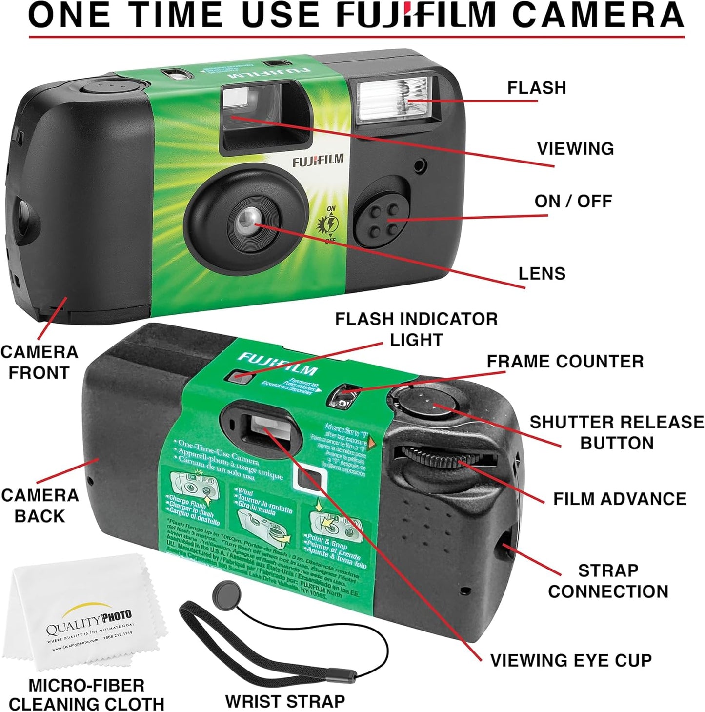 Fujifilm QuickSnap Flash 400 Disposable 35mm Camera + Hand Strap + Quality Photo Microfiber Cloth (3 Pack)