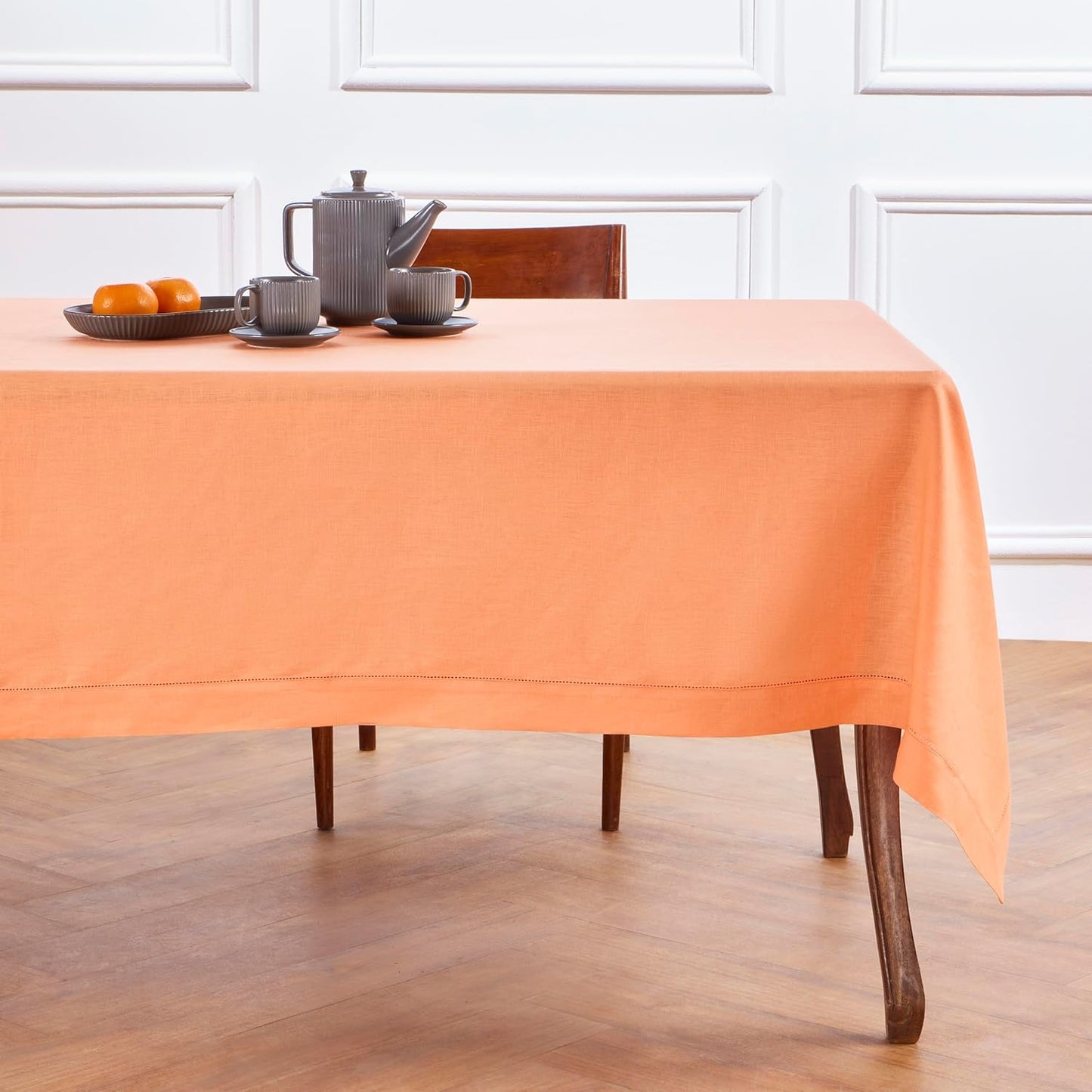 Solino Home Linen Tablecloth for Rectangle Tables 60 x 120 Inch - Classic Hemstitch 100% Pure Linen Coral Table Cloth - Machine Washable Cloth Tablecloth