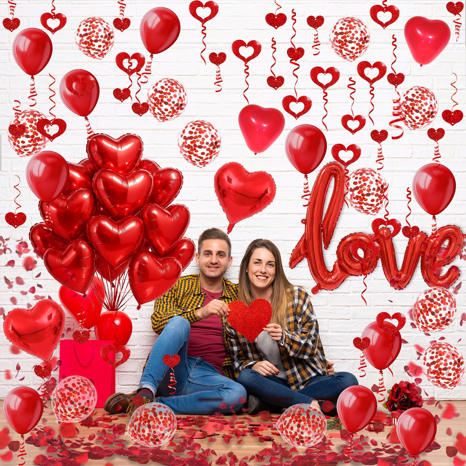 Fecedy Love and Heart-Shaped Aluminum Foil Balloon,Heart-Shaped and Round Latex balloons,Confetti