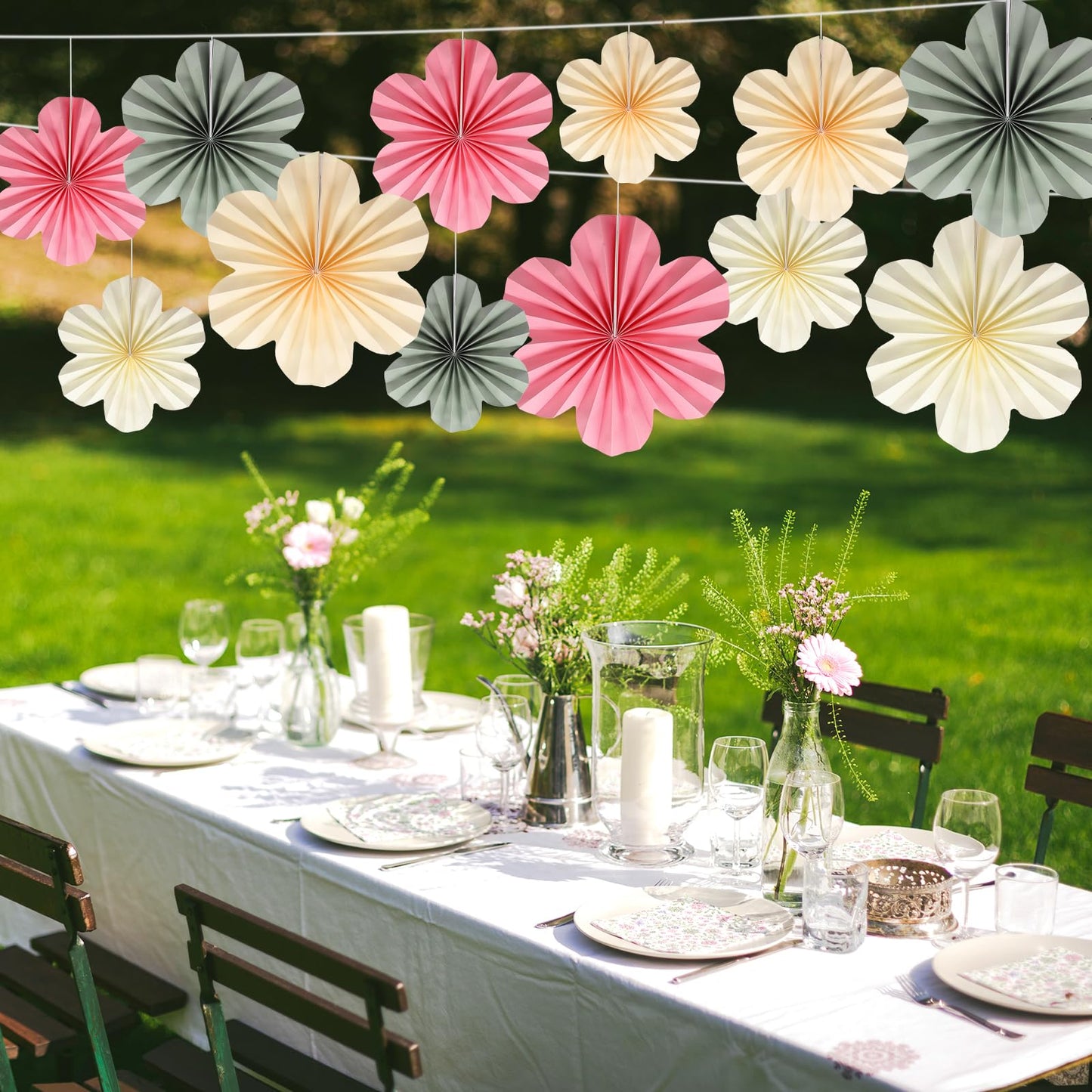 BestoFun 12 PCS Paper Flowers Fans – Sage Green Pink Beige Boho Party Decorations – Reusable Tissue