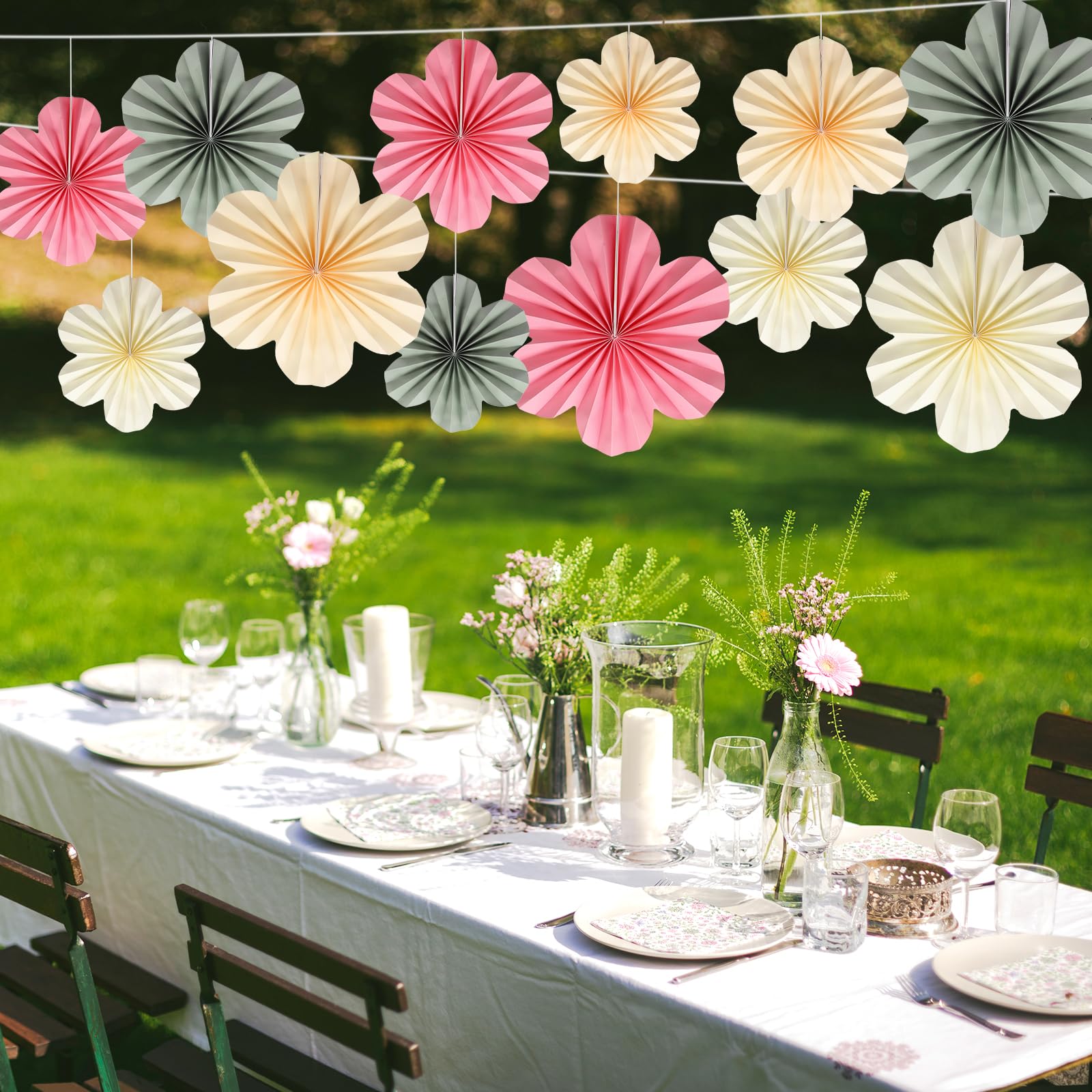 BestoFun 12 PCS Paper Flowers Fans – Sage Green Pink Beige Boho Party Decorations – Reusable Tissue