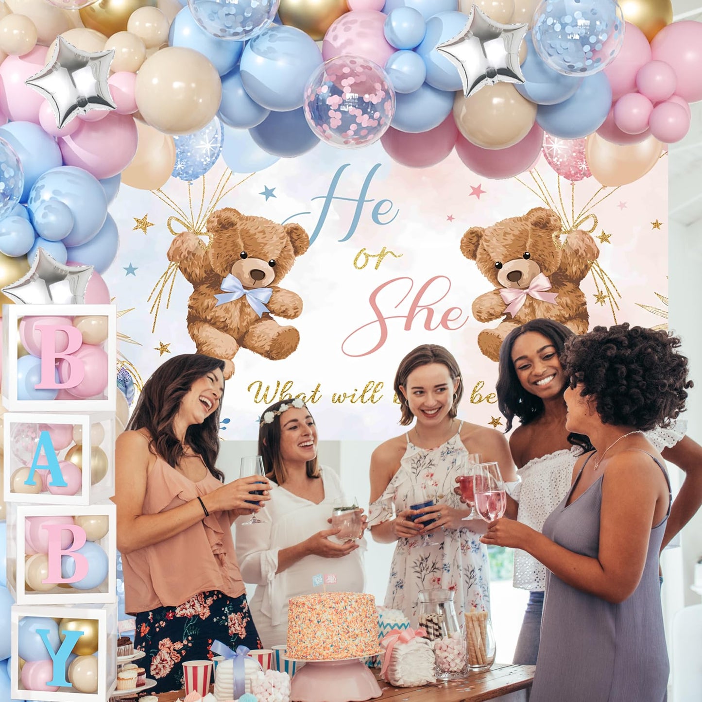 Bear Gender Reveal Decorations - 158pcs Pink Blue Balloon Garland Kit, 4pcs Baby Boxes With