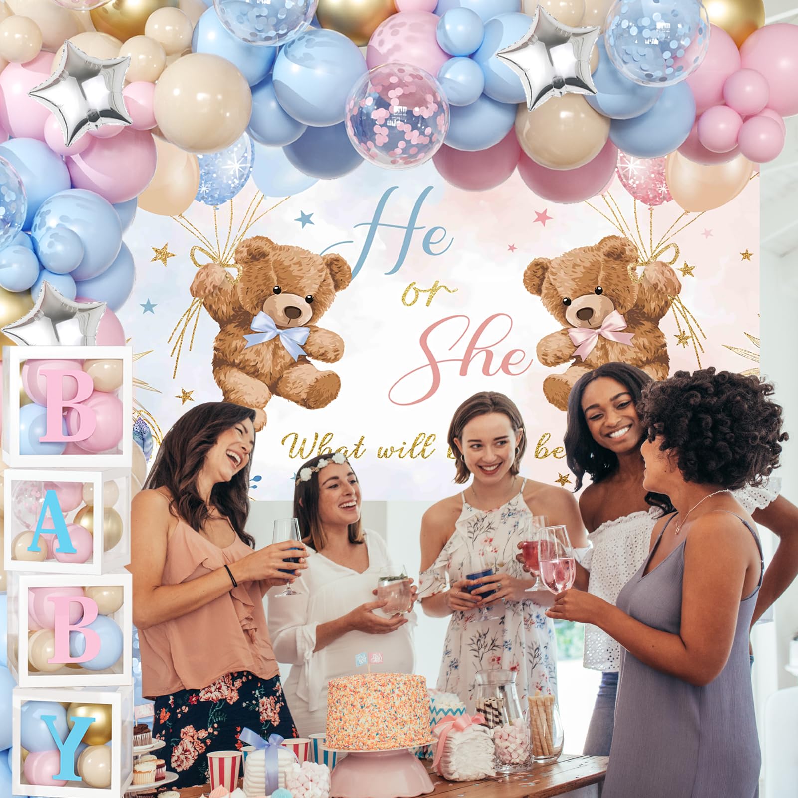 Bear Gender Reveal Decorations - 158pcs Pink Blue Balloon Garland Kit, 4pcs Baby Boxes With