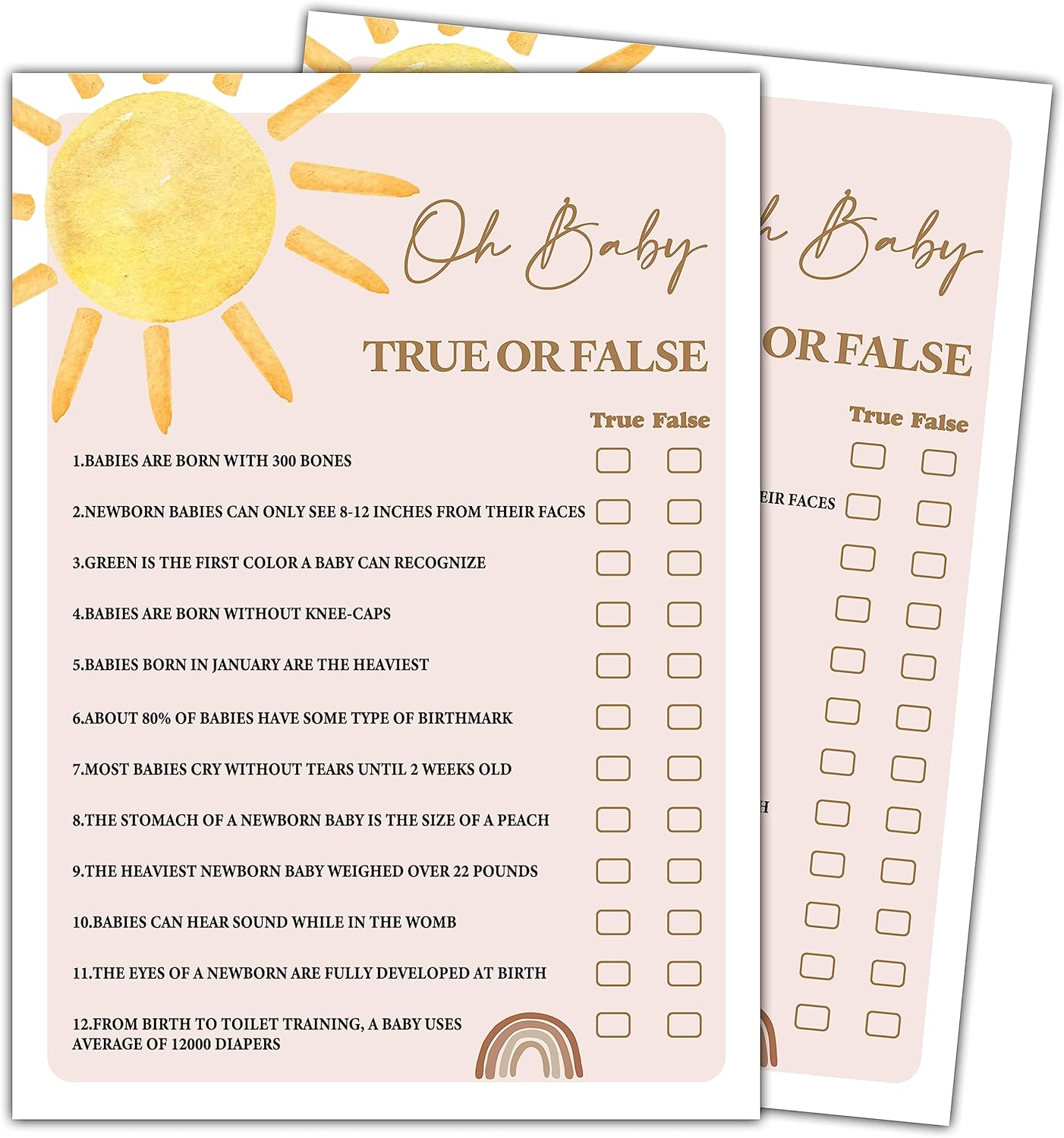 YSTEP Boho Sunshine 30 Oh Baby True or False Game Cards with 1 Answer Card, Gender Reveal Party Supplies Favors (5"x7") - D03