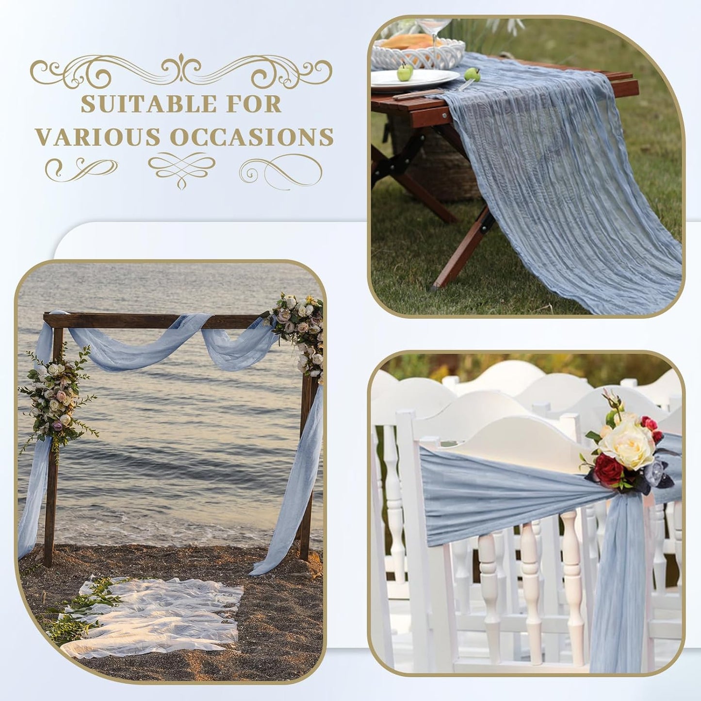 Le courant 12pcs 10Ft Cheesecloth Table Runner, Rustic Boho Gauze Cheese Cloth Runner Table Runner for Weddings Bridal Baby Shower Birthday Holiday Parties Home Decor, Dusty Blue