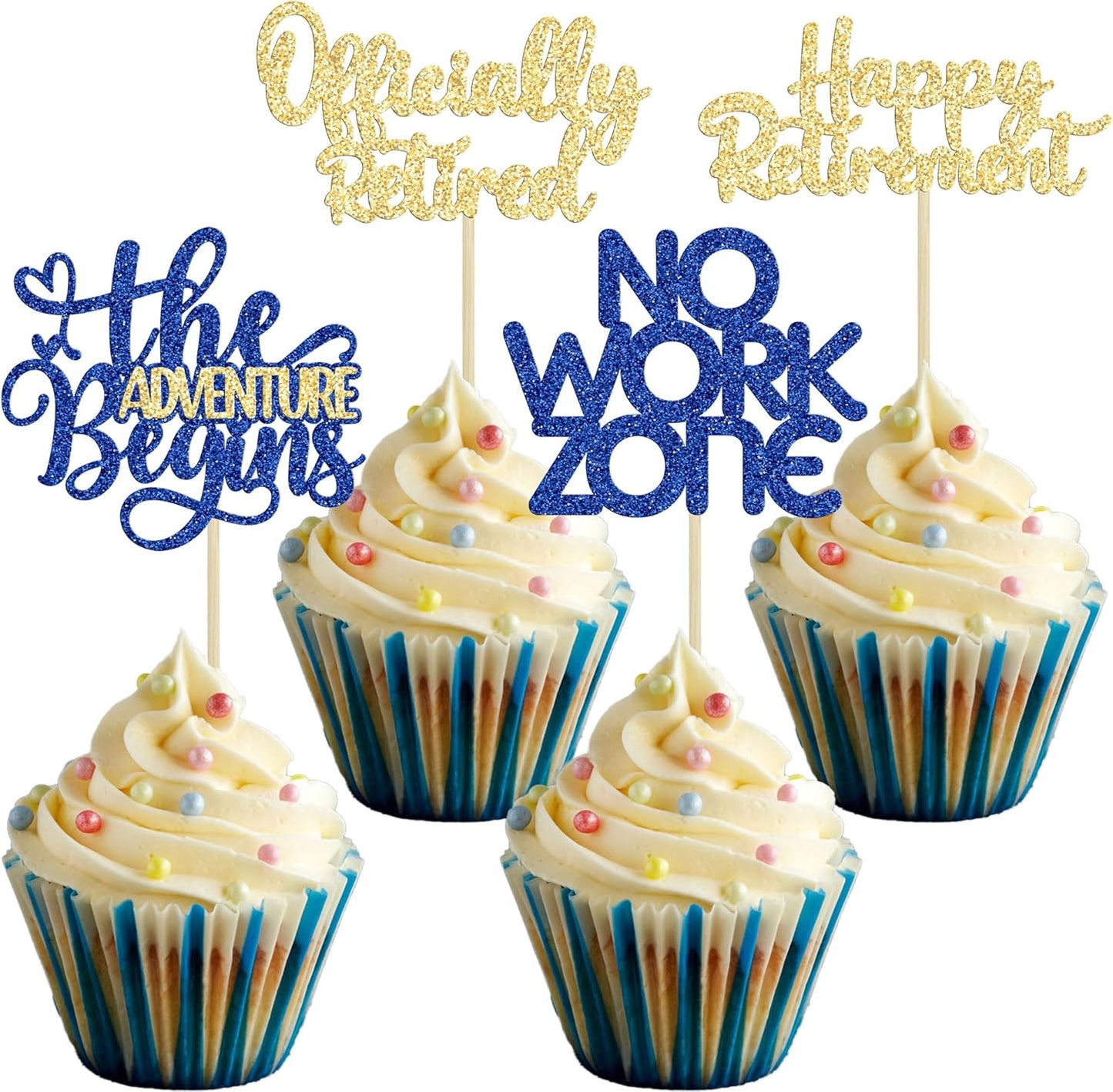 24Pcs Happy Retirement Cupcake Toppers Officially Retired Cake Toppers No Work Zone Adventure Begins Cupcake Picks Retirement Theme Farewell Birthday Party Decorations Supplies Gold Blue
