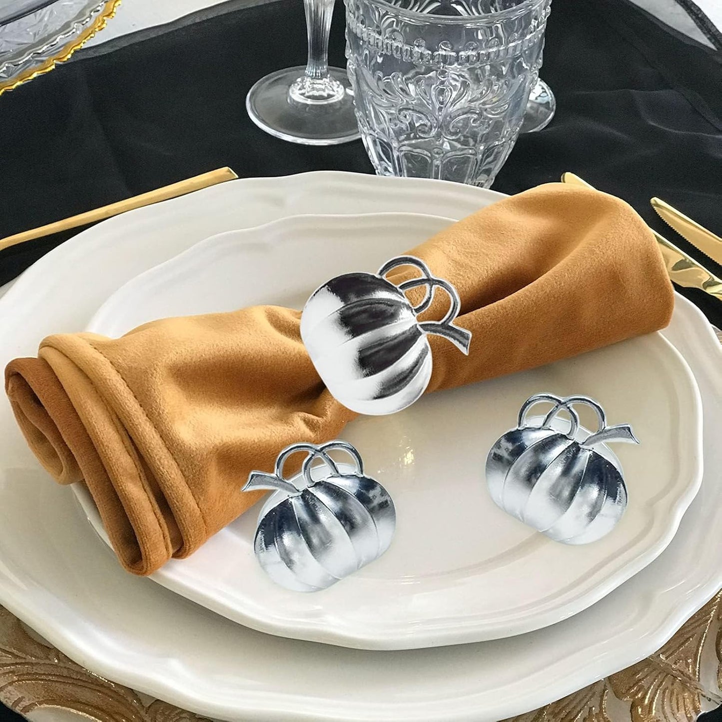 Halatool Pumpkin Napkin Rings Set of 12, Alloy Fall Napkin Rings Thanksgiving Halloween Dinner Tables Holders for Thanksgiving Weddings Holidays Gathering Dinner Party (Silver)