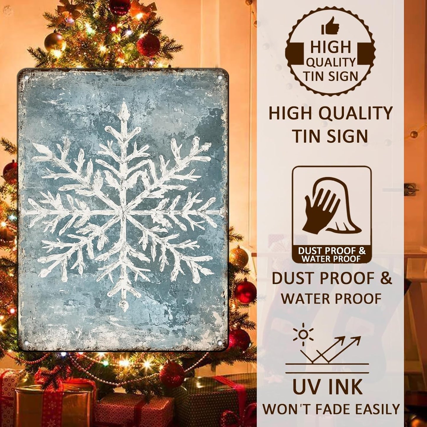 Vintage Christmas Tin Sign - Winter Snowflakes Metal Tin Sign - Wall Decor Sign for Outdoor Snowflake Christmas Decoration - 12x16Inch