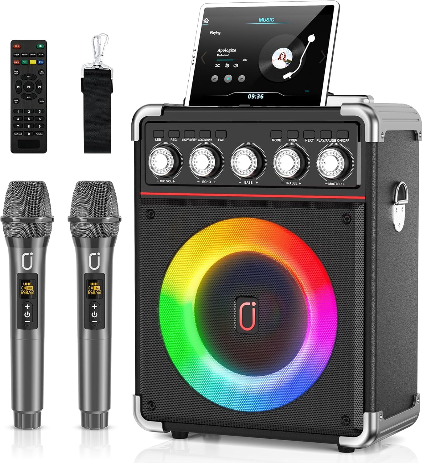 Karaoke Machine with 2 Microphones: HWWR Portable Karaoke Machine for Adults Kids, Party Bluetooth Speaker with Bass/Treble Adjustment, PA System with Remote Control/LED Lights, Support REC/USB/AUX