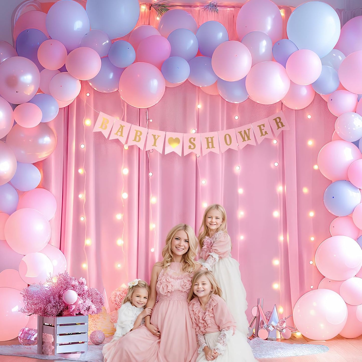 Pink Backdrop Curtains with Lights for Parties,10x10FT Wrinkle Free Polyester Wedding Photo Backdrop Curtains for Baby Shower Birthday Ceremony Reception Home Party Decorations-5ft x 10ft,2 Panels