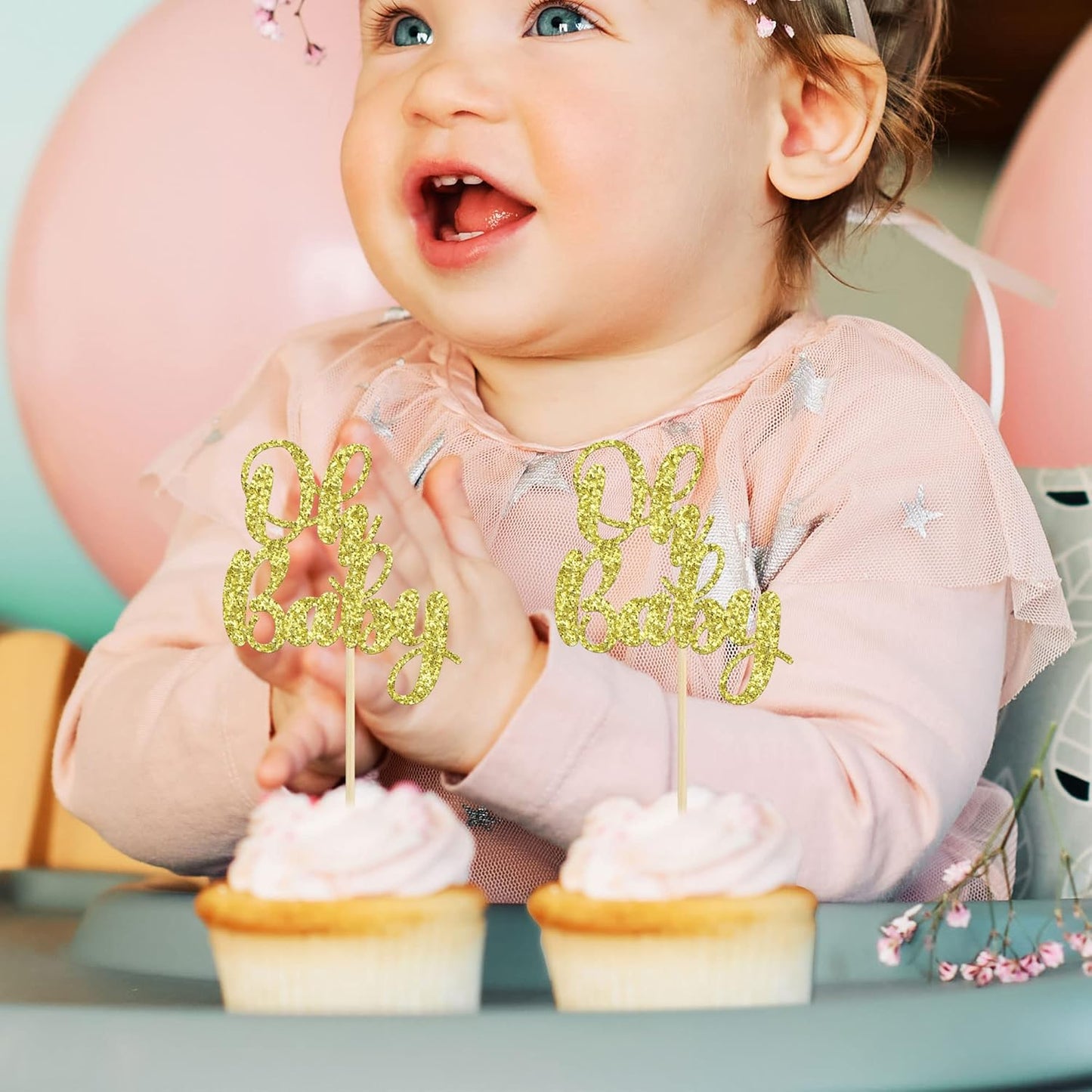 Gyufise 36 Pack Oh Baby Cupcake Toppers Glitter Baby Shower Cupcake Picks Decorations for Celebrating Baby Shower Kids Birthday Party Supplies Gold
