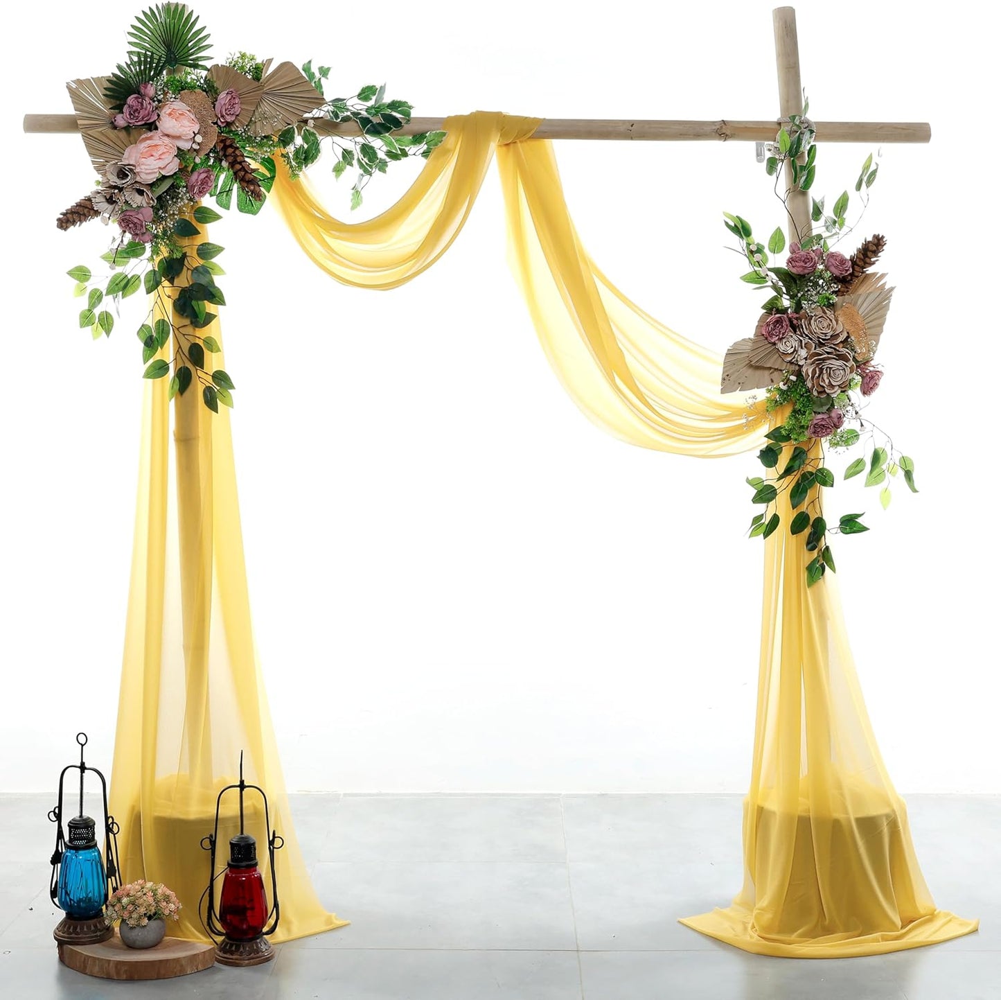 VDS Pack of 3 Panel (30 Inch X 20 Feet) Wedding Arch Draping Fabric Sheer Chiffon Fabric Drapery for Wedding Ceremony Reception Swag Backdrop Canopy Chuppah ARBO Altars Decoration (Gold)