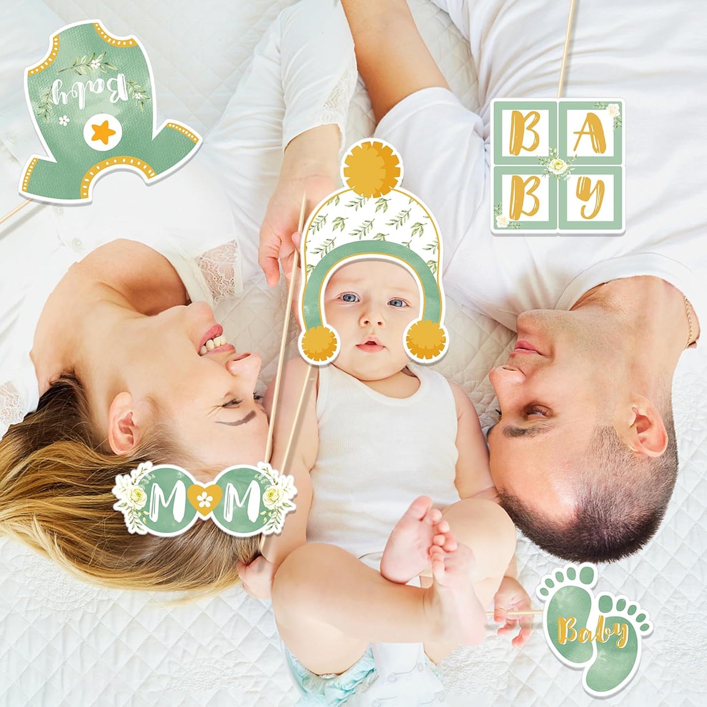 Sage Green Baby Shower Party Photo Booth Props 25PCS Greenery Baby Shower Props for Newborn Party Decoration Boho Photo Booth Props Kit Party Favors Pose Sign Kit Fun for Party