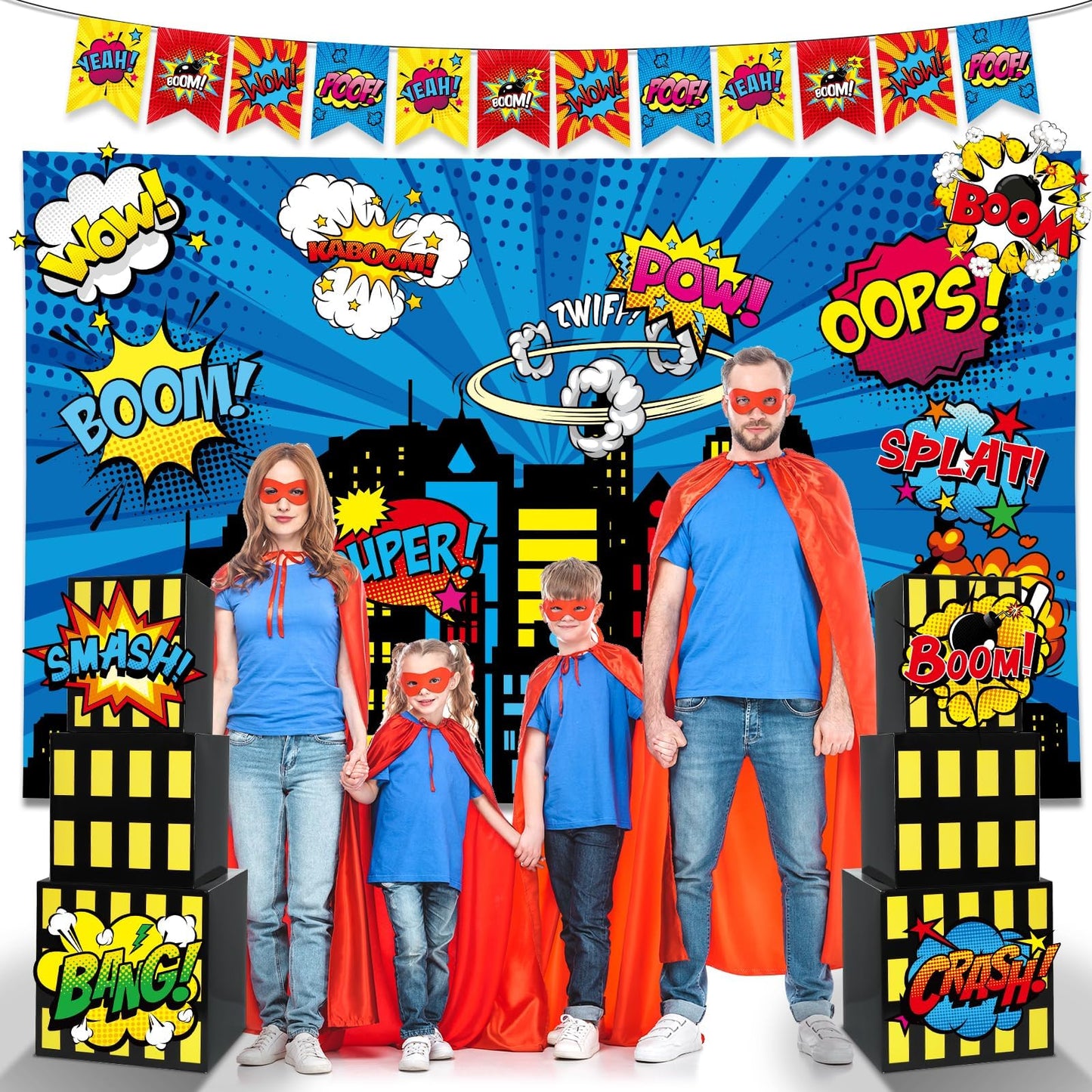 17Pcs Super Theme Hero Party Photography Backdrop for Hero Birthday Decorations with Hero
