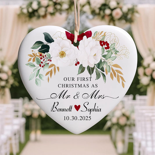 Love Signal Personalized Married Ceramic Ornament, Our First Christmas As Mr Mrs 2025 Ornaments, Custom Gift for Wedding Newlyweds Engaged Couple Christmas